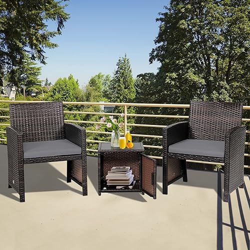 Miniatura 4 de COSTWAY Juego de muebles de ratán de 3 piezas, juego de sillas acolchadas de mimbre para exteriores con mesa de almacenamiento lateral, juegos de
