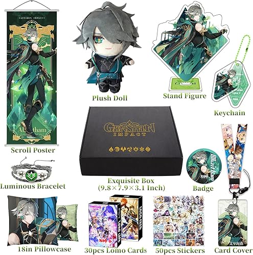 Miniatura 2 de MOTAO Genshin Impact Box Xiao Hu Tao Qiqi - Juego de mercancía - Muñeca, póster, funda de almohada, figura de soporte, pulsera, insignia, llavero,