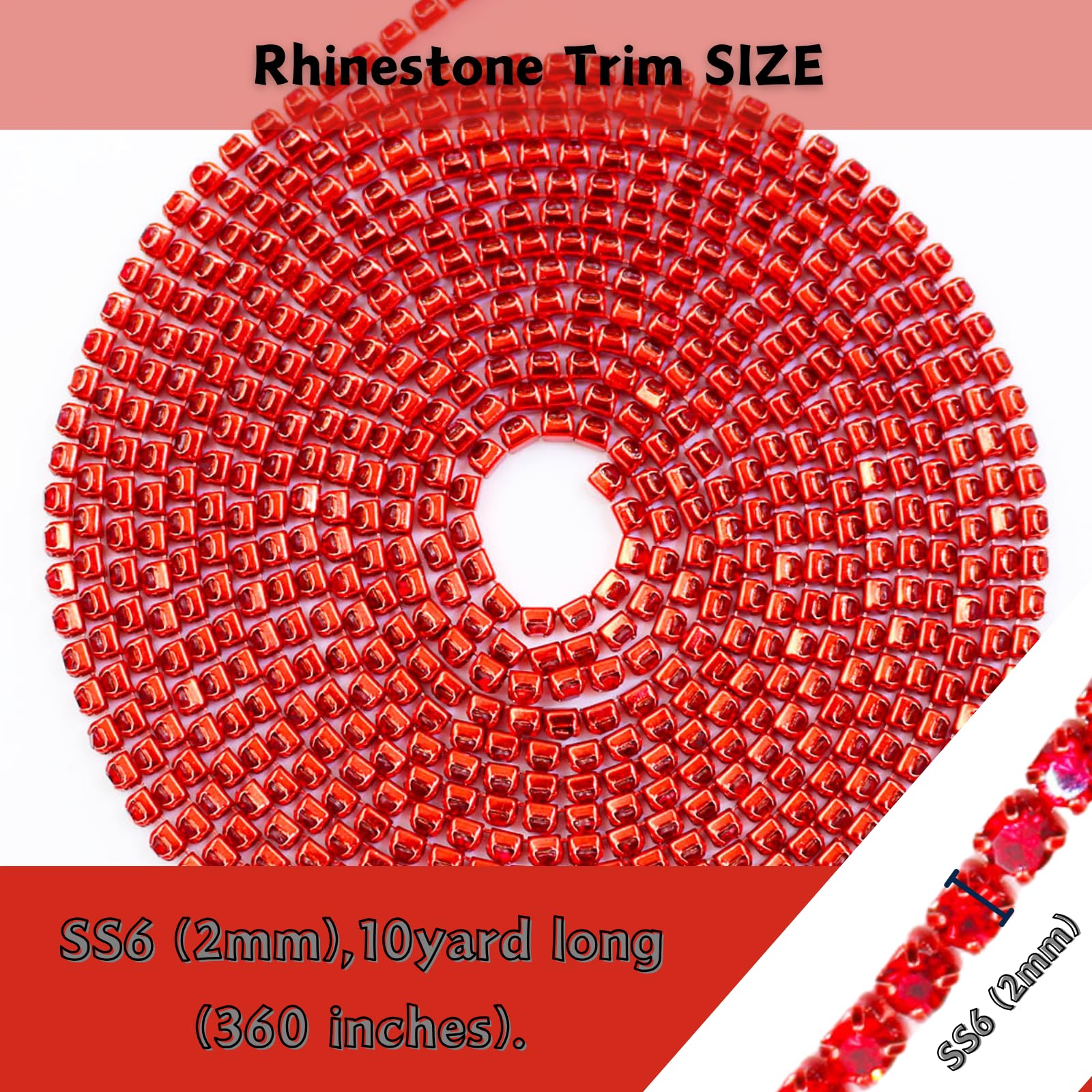 PEARLY JUN 10 Yards Red Rhinestone Chain Light Siam Rhinestone Trim Crystal Artificial Stone Trim Cup Chain SS6 2mm Color Plated Cup Stitch Costume Decoration - Image 2