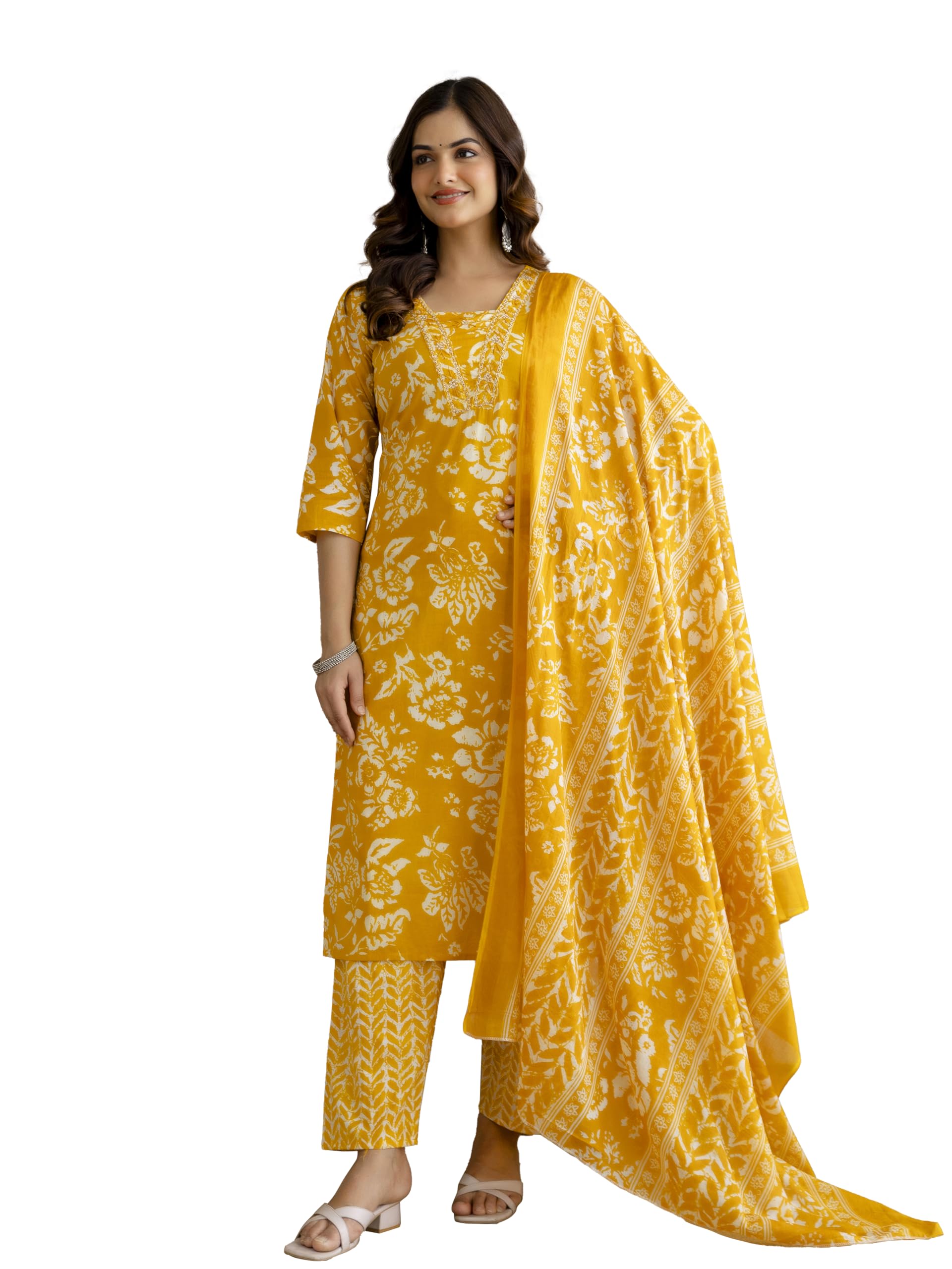 trendmalls Women’s Pure Cotton Floral Print Kurta Pant with Dupatta Set | Beads Embroidery Neck Work Kurta Set Ethnic Wear-picture-21