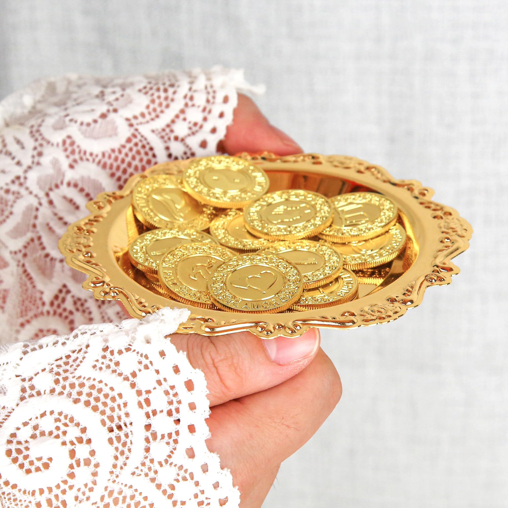 TINGKU Español Arras de Boda con Plato, Las Arras para Boda de Matrimonio, Regalos de Boda, Arras de Boda Ceremonia Novios, Monedas de Unidad, Ceremonia de Boda - Oro