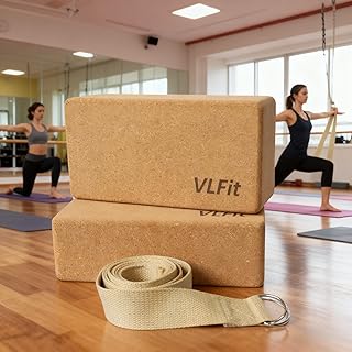 VLFit Set di 2 blocchi da yoga in sughero, con cinghia da yoga in 100% cotone, blocco per yoga ecologico, realizzato in sughero naturale, set di 2 blocchi e cinghia
