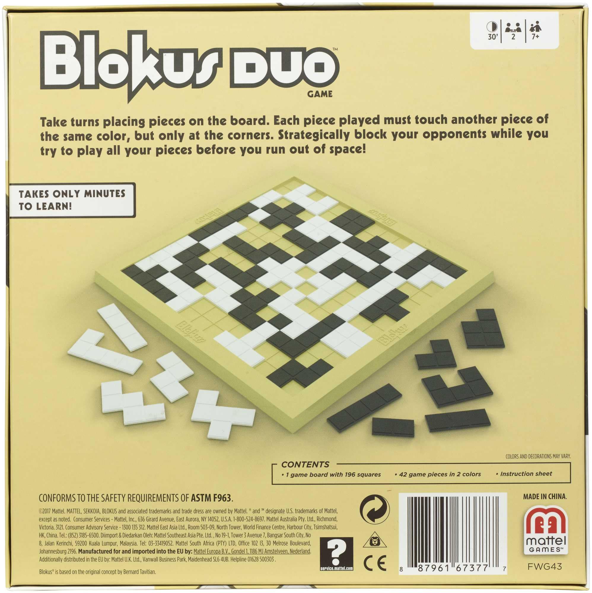 Mattel Games Blokus Duo, Strategiespiel ab 7 Jahren, 2 Spieler | Deine Spielsteine dürfen sich nur an den Ecken berühren. Klassisches Strategiespiel für 2, 42 Steine in zwei Farben, FWG43