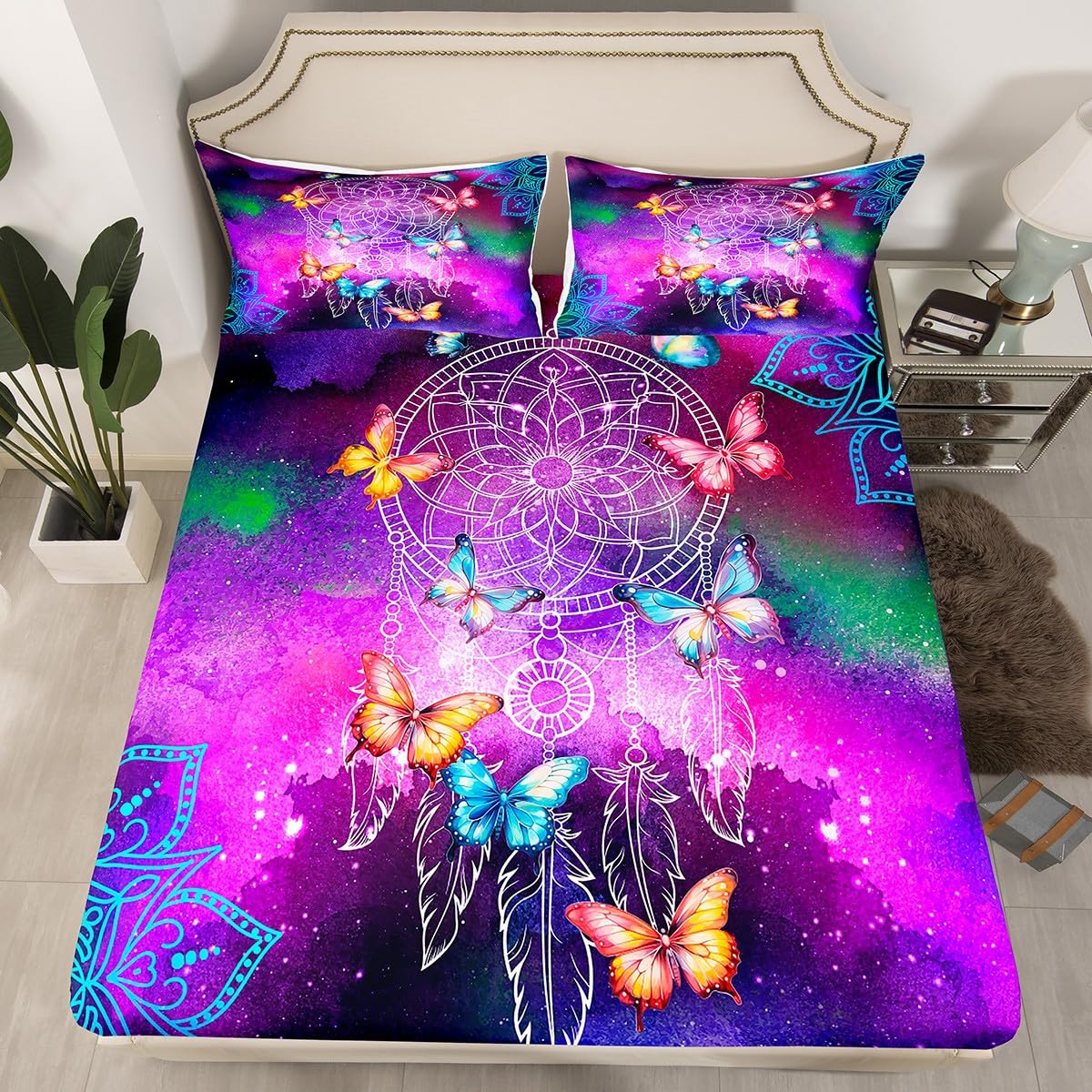 Erosebridal Dreamcatcher Butterfly Sheet Set for Boys Girls Mandala Floral Print Sheets Full, Purple Galaxy Theme Bed Sheets Set Watercolor Bohemian Style Top Fitted Sheet with 2 Pillowcases
