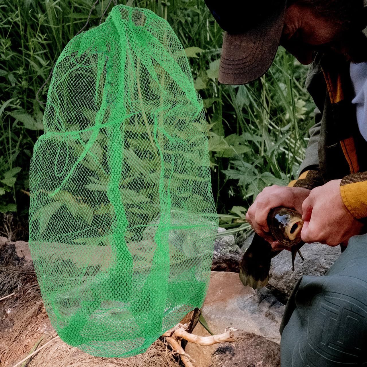 2 unidades de red de pesca portátil, plegable, red de almacenamiento de peces, red de pesca resistente al desgaste, para pesca, cordón, bolsa de pesca