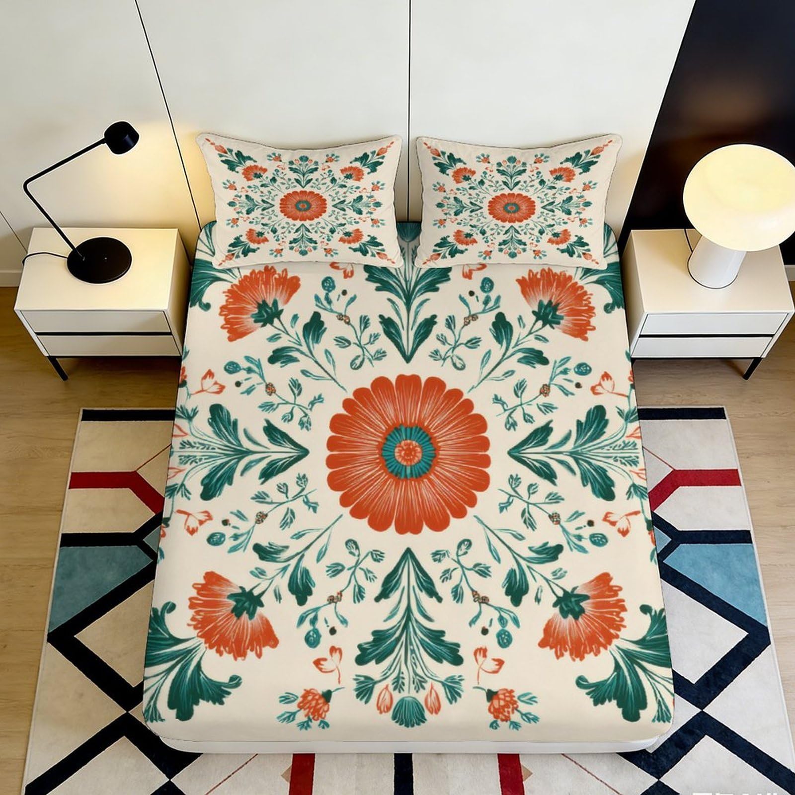 3D Printed Bohemian Floral Fitted Sheet Microfiber Deep Pocket Bedroom Bedding Non-Slip Boho Flower Mattress Fitted Cover for Adults 180x200x25cm