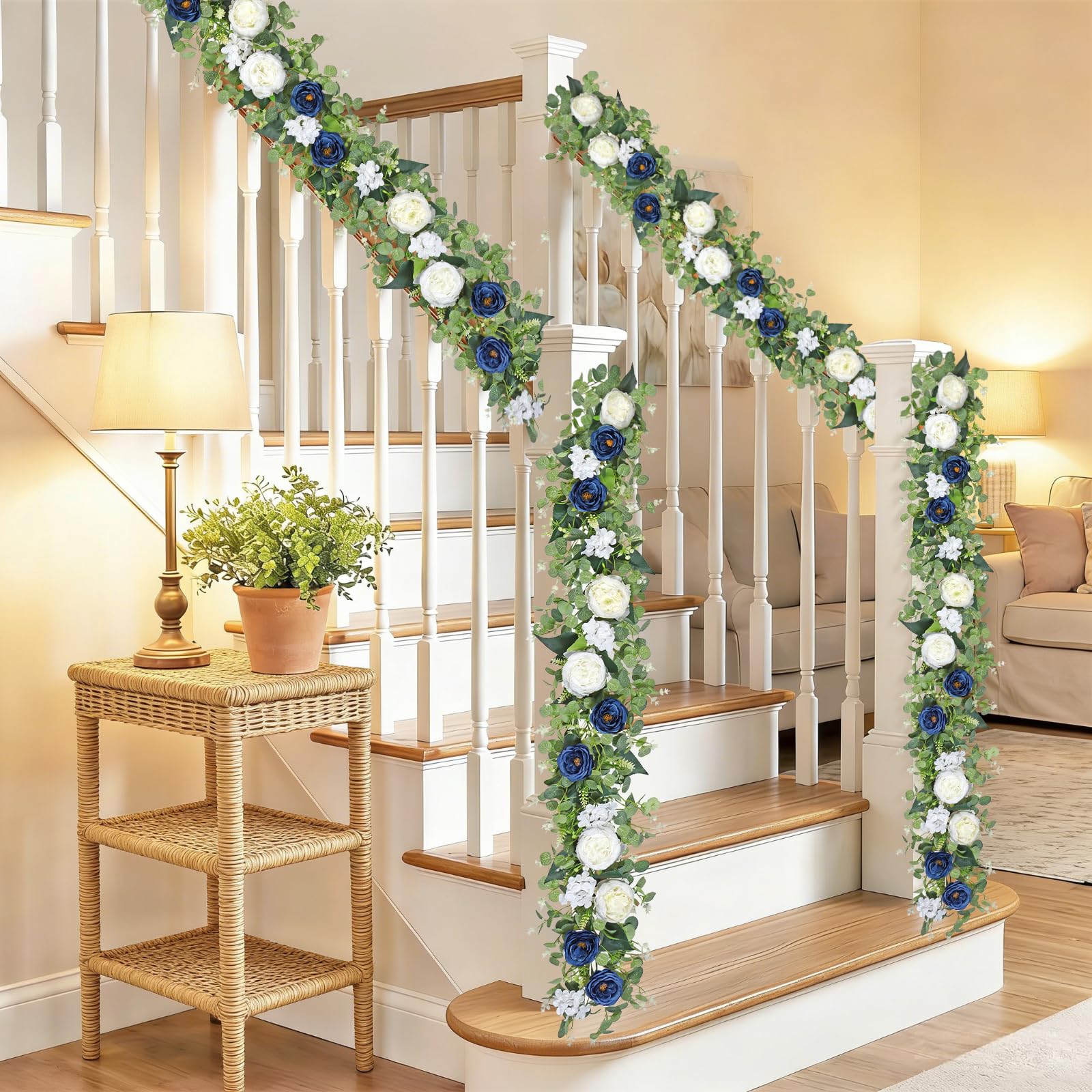 Betylifoy Confezione da 2 ghirlande di eucalipto artificiali da 4,3 m, con fiori rosa, peonie finte, ghirlande di fiori verdi per matrimoni, runner da tavola, sfondo, decorazione per la casa e le