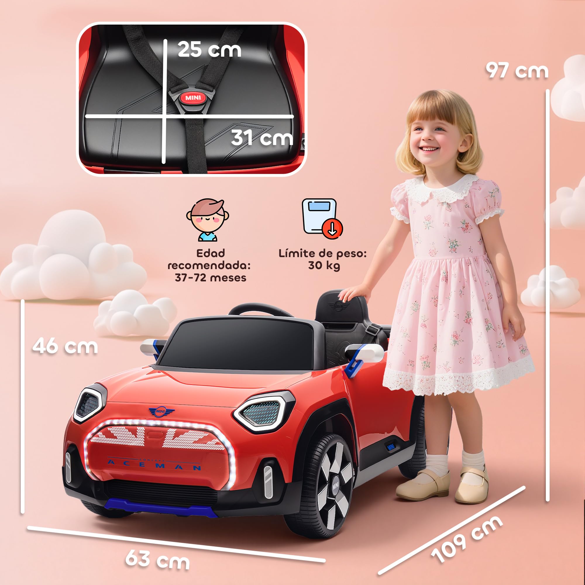 AIYAPLAY Coche Eléctrico 12V para Niños +3 Años, Mini Aceman, Bluetooth, Mando 2,4G, Motor Doble, Rojo