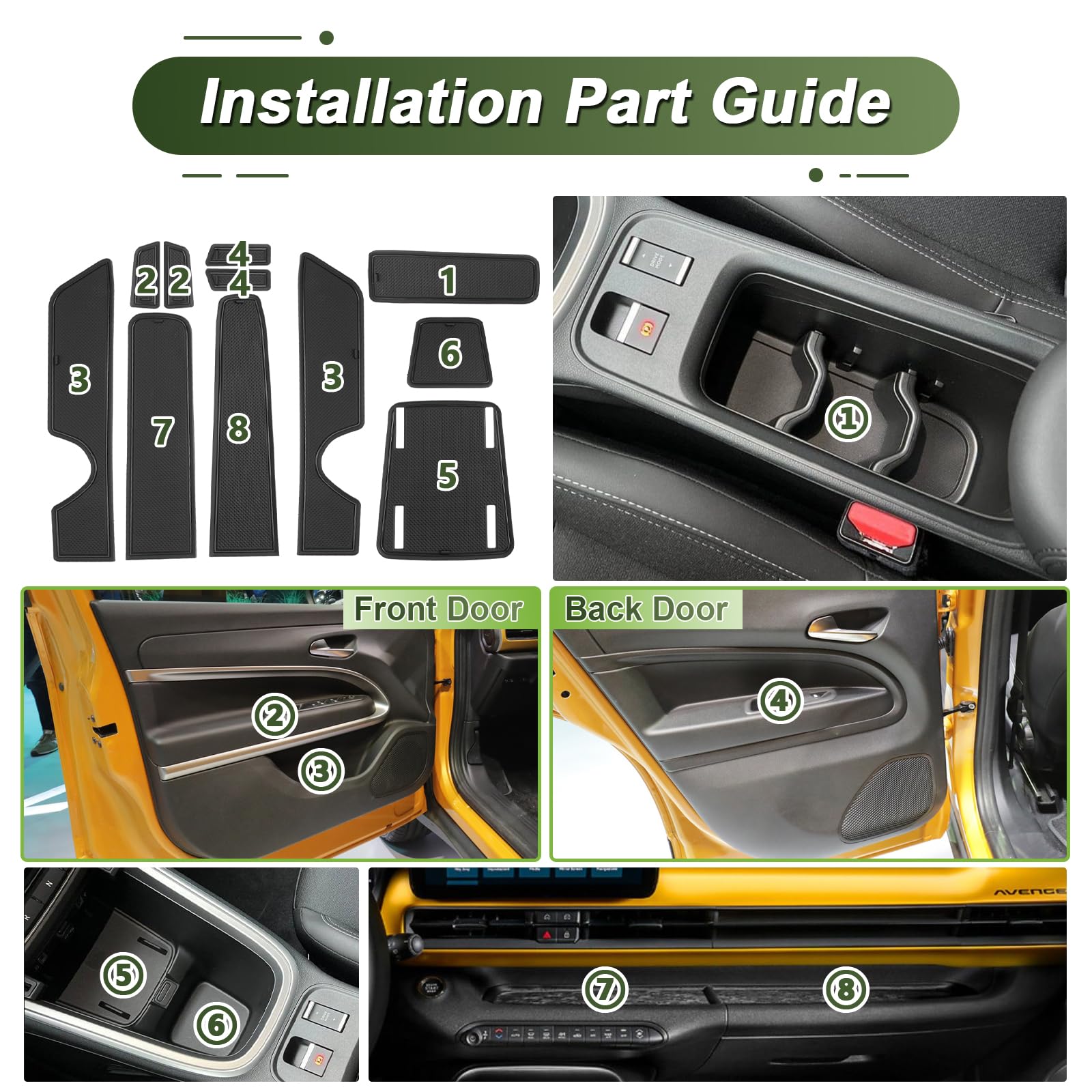 Compatibile con Jeep Avenger SUV 2023 2024 2025 2026 Tappetini Antiscivolo per Jeep Avenger EV Hybrid 4x4 4XE Tappetini in Gomma per Console Centrale, Porta Bicchieri, Scanalatura Porta (Nero)