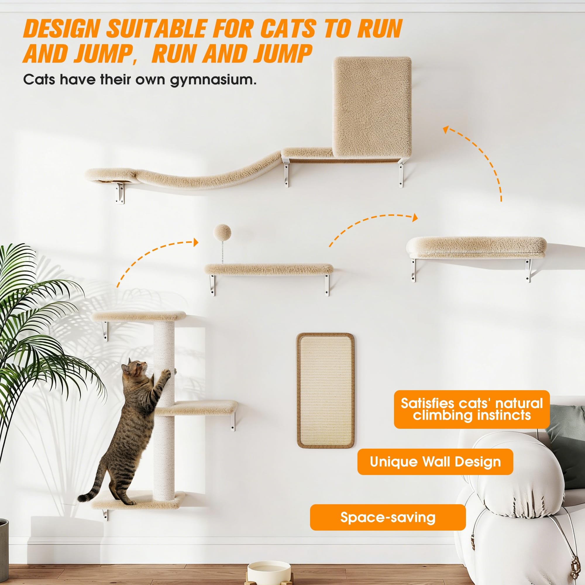 COZIWOW Cat Wall Shelves Set, 5-Piece Wall Mounted Cat Furniture with Cat Tree & Scratching Post, Floating Cat Perches for Indoor Cats（Beige） - image 5