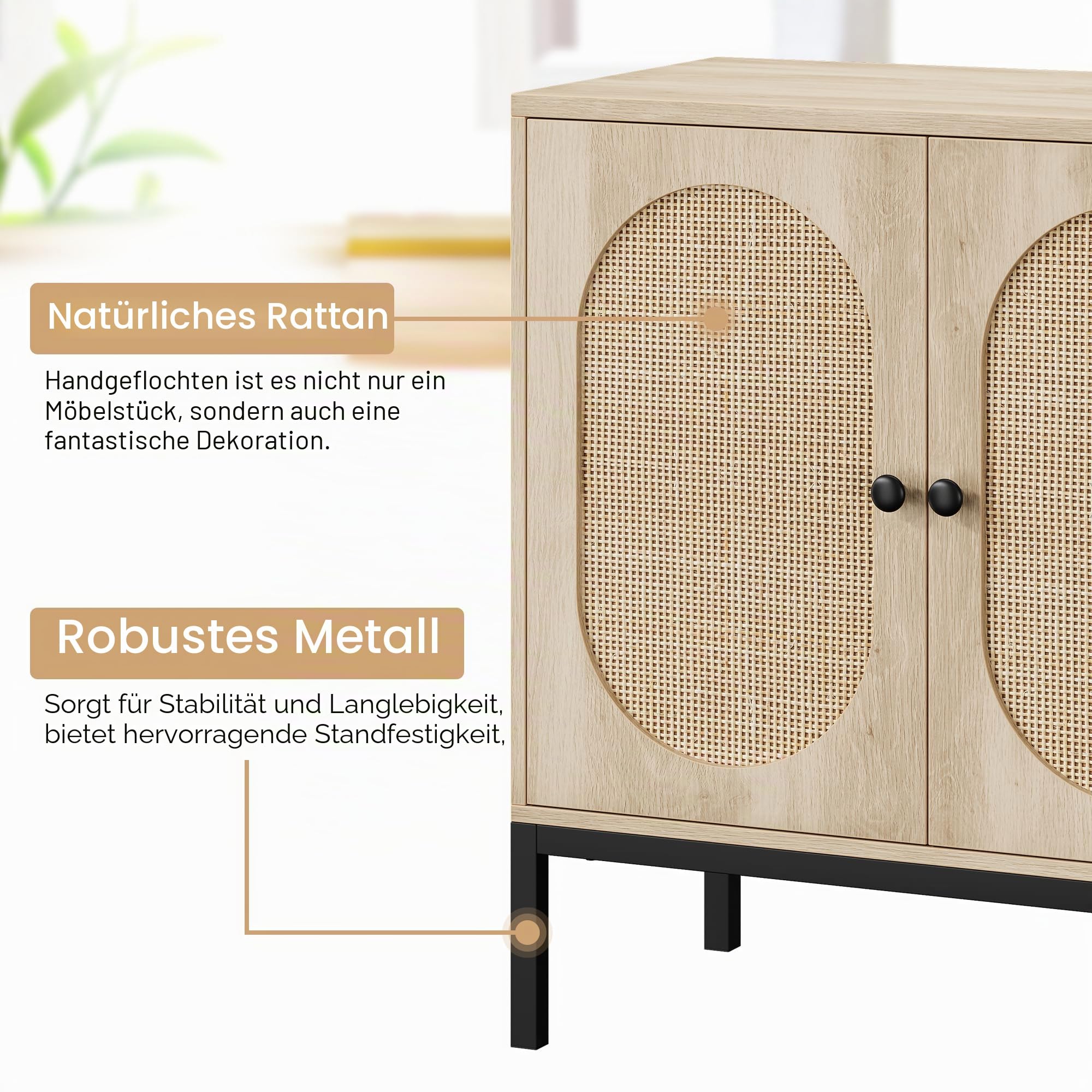 Rattan Sideboard, Küchenschrank, Buffet-Schrank mit 2 Türen & Verstellbaren Einlegeboden & Hoch Metallrohr Bein, 80x40x83cm, Küchenschrank Holz für Küche, Esszimmer, Wohnzimmer