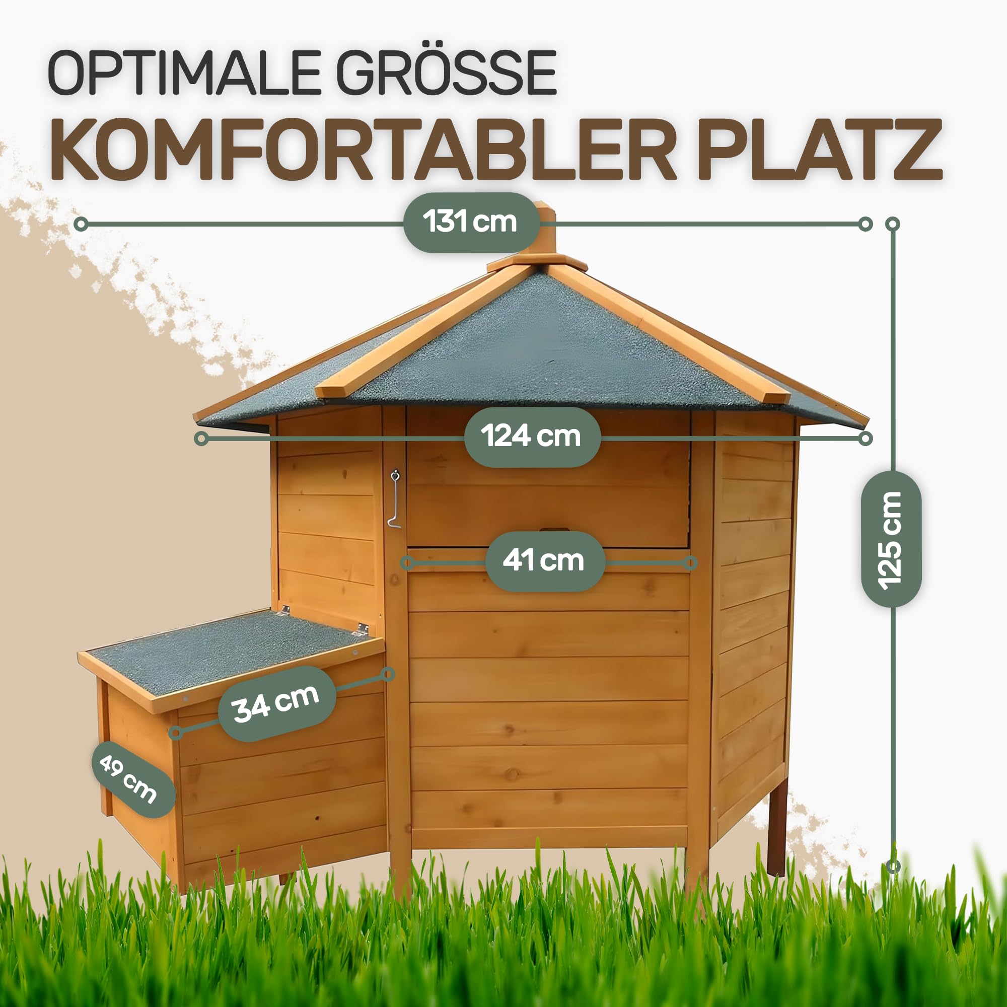 Melko Hühnerstall Hühnerhaus 6-Eck für 5-8 Hühner 131x125 cm Massivholz | mit Nistkasten, Rampe und Sitzstangen, wetterfeste Teerpappe, Dach aufklappbar zur Eientnahme, auch für Wachteln und Enten