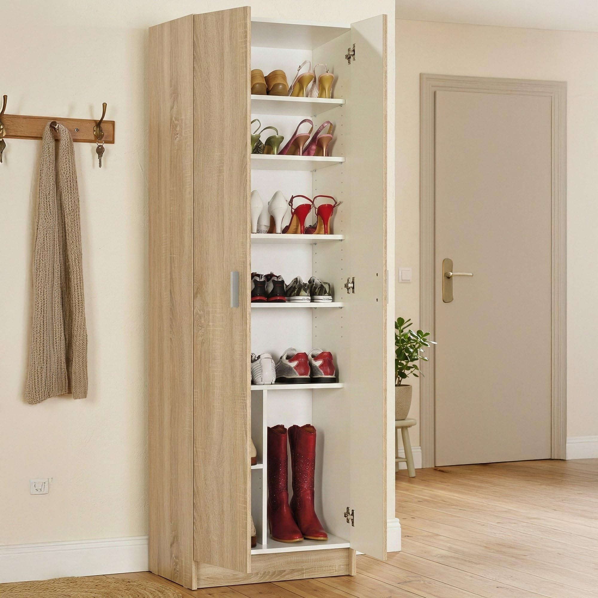 Dmora - Armoire multifonction 2 portes Portsmouth, meuble auxiliaire, penderie à chaussures moderne, meuble à chaussures vertical, 59 x 37 x 180 cm, chêne