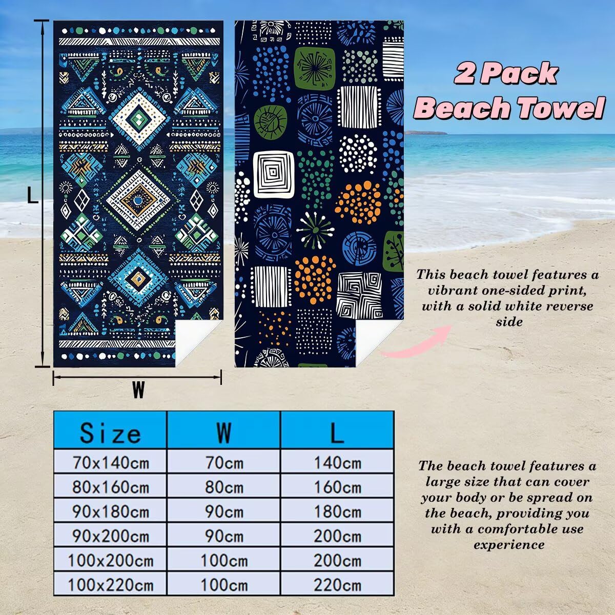 Ręcznik plażowy 90 x 180 cm, ręcznik gimnastyczny z mikrofibry szybkoschnący zestaw 2 ręczników plażowych, lekki kompaktowy ręcznik z mikrofibry duży do podróży, prezent dla mężczyzn prezent dla