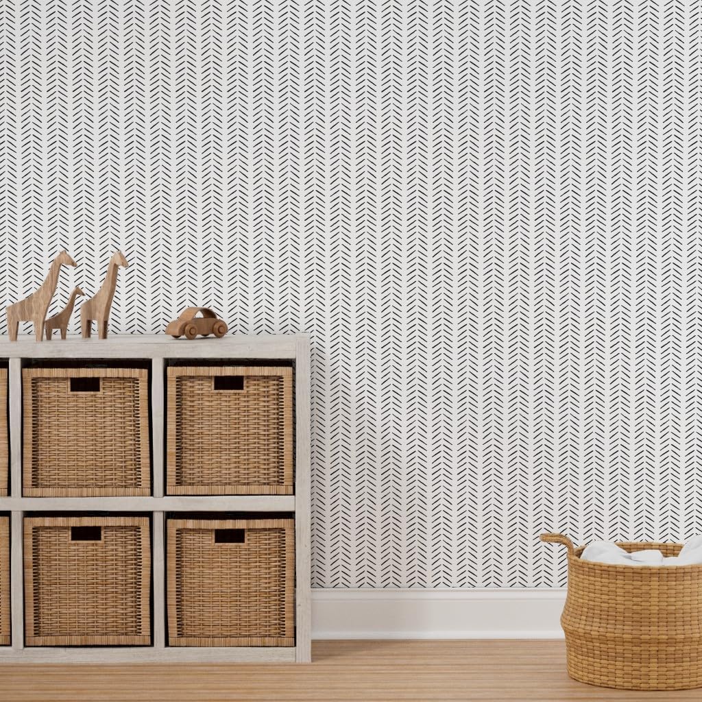 Peel & Stick Wallpaper 3ft x 2ft - Black White Vertical Minimal Chevron Herringbone Ink Custom Removable Wallpaper by Spoonflower
