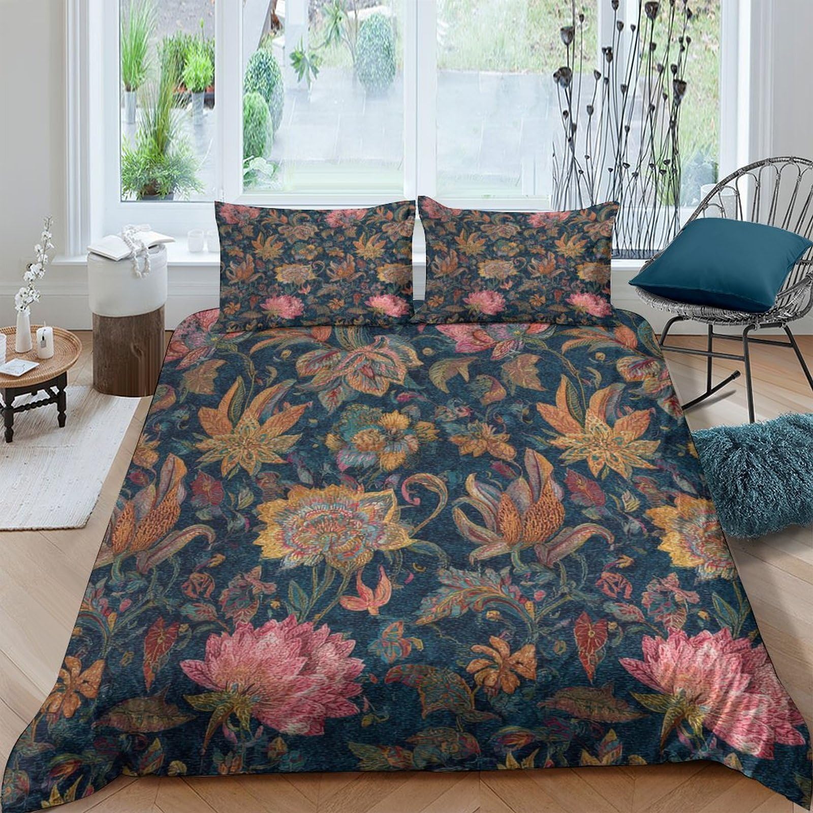 P5V6M1Q9 3D Printed Vintage Floral Duvet Cover Microfiber Soft Breathable Botanical Bedding Set with 2 Pillowcases for Bedroom Decor Single（135x200cm）