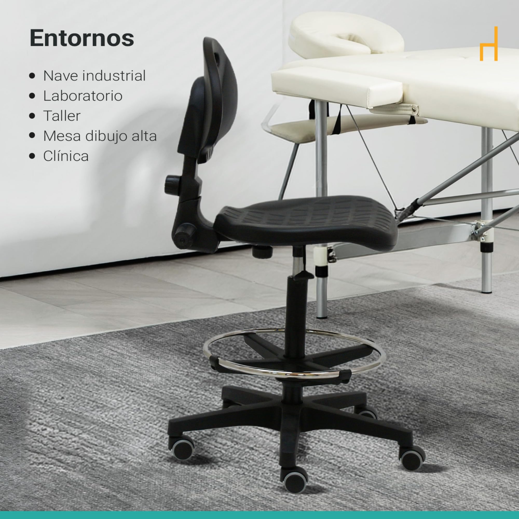 La Silla de Claudia: Taburete Alto Modelo Work con Respaldo | Silla Escritorio con Reposapies | Centrosilla Taburete con Ruedas Giratorio | Silla Ergonómica Alta para Trabajo o Estudio