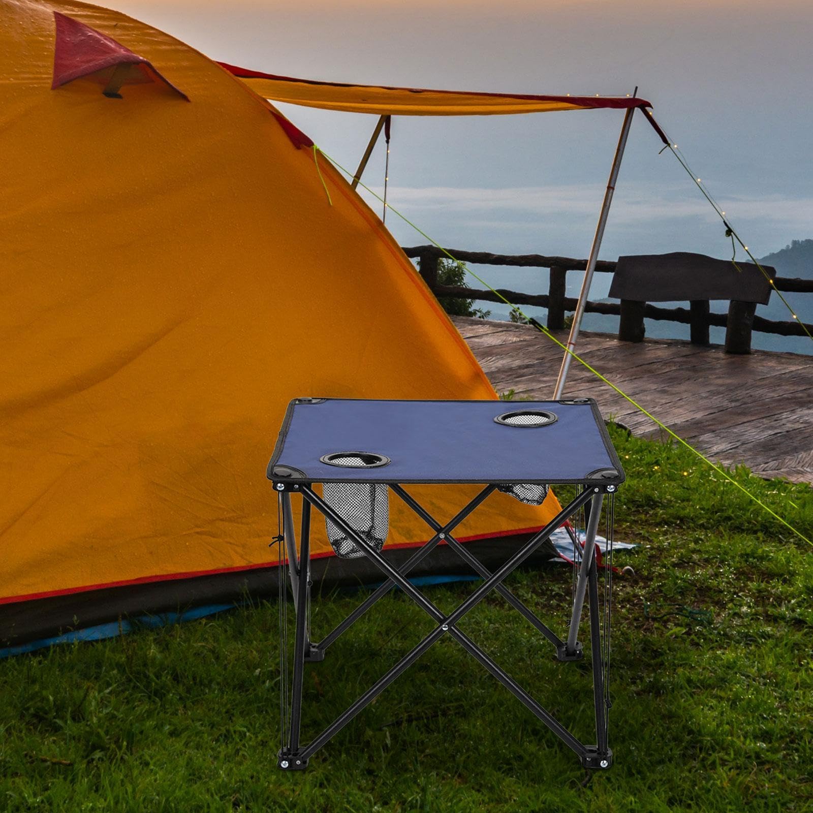 kowaku Table de Camping Pliable Multifonctionnelle pour Extérieur avec Porte-gobelets Ossature Métallique Solide Tissu Oxford Rangement Facile, Bleu