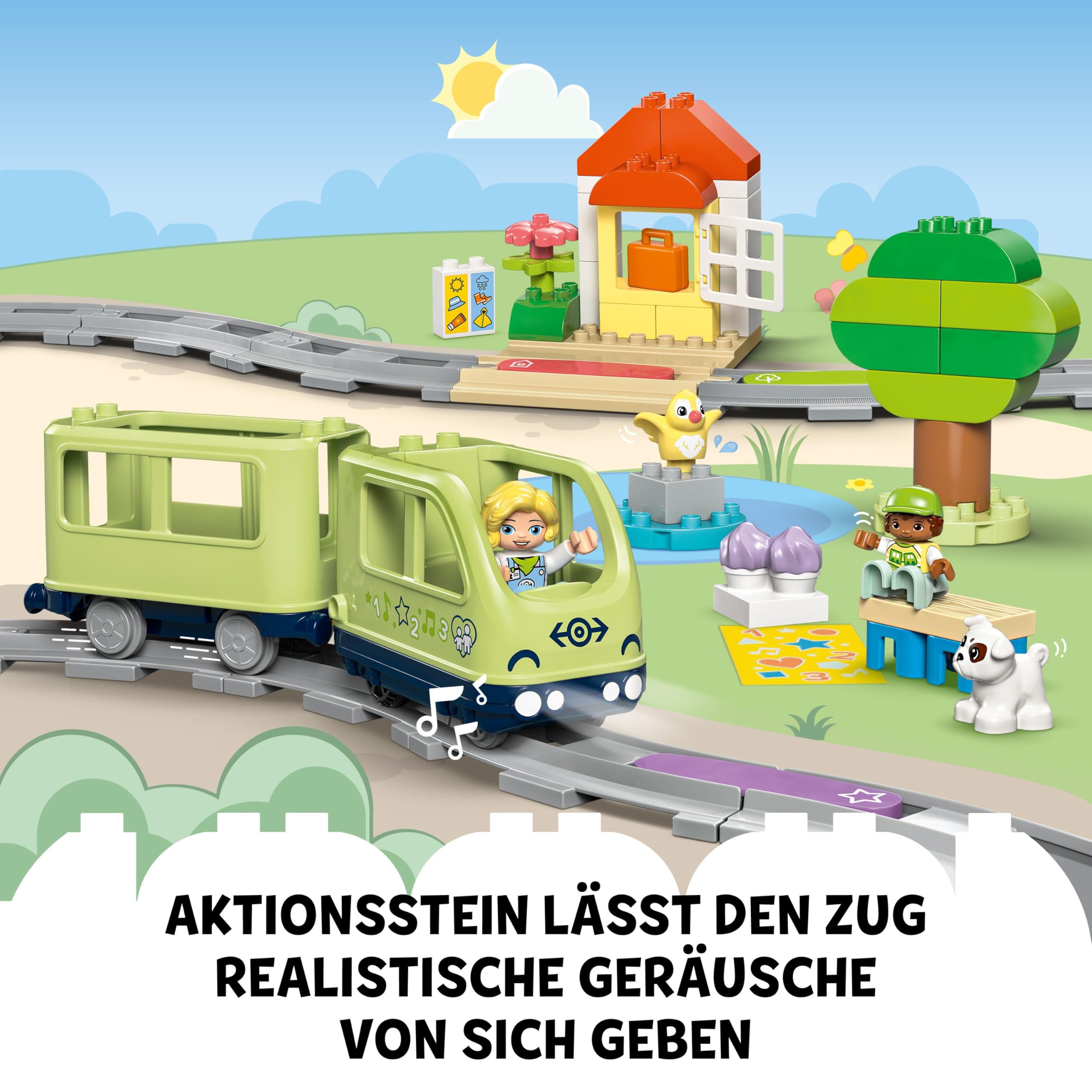 LEGO DUPLO Interaktive Abenteuer-Eisenbahn - Lernspielzeug für Kleinkinder ab 2 Jahren – 14 Gleisstücke, Aktionssteine mit Geräuschen und 4 Spielfiguren – Geschenkidee für Jungen & Mädchen - 10427