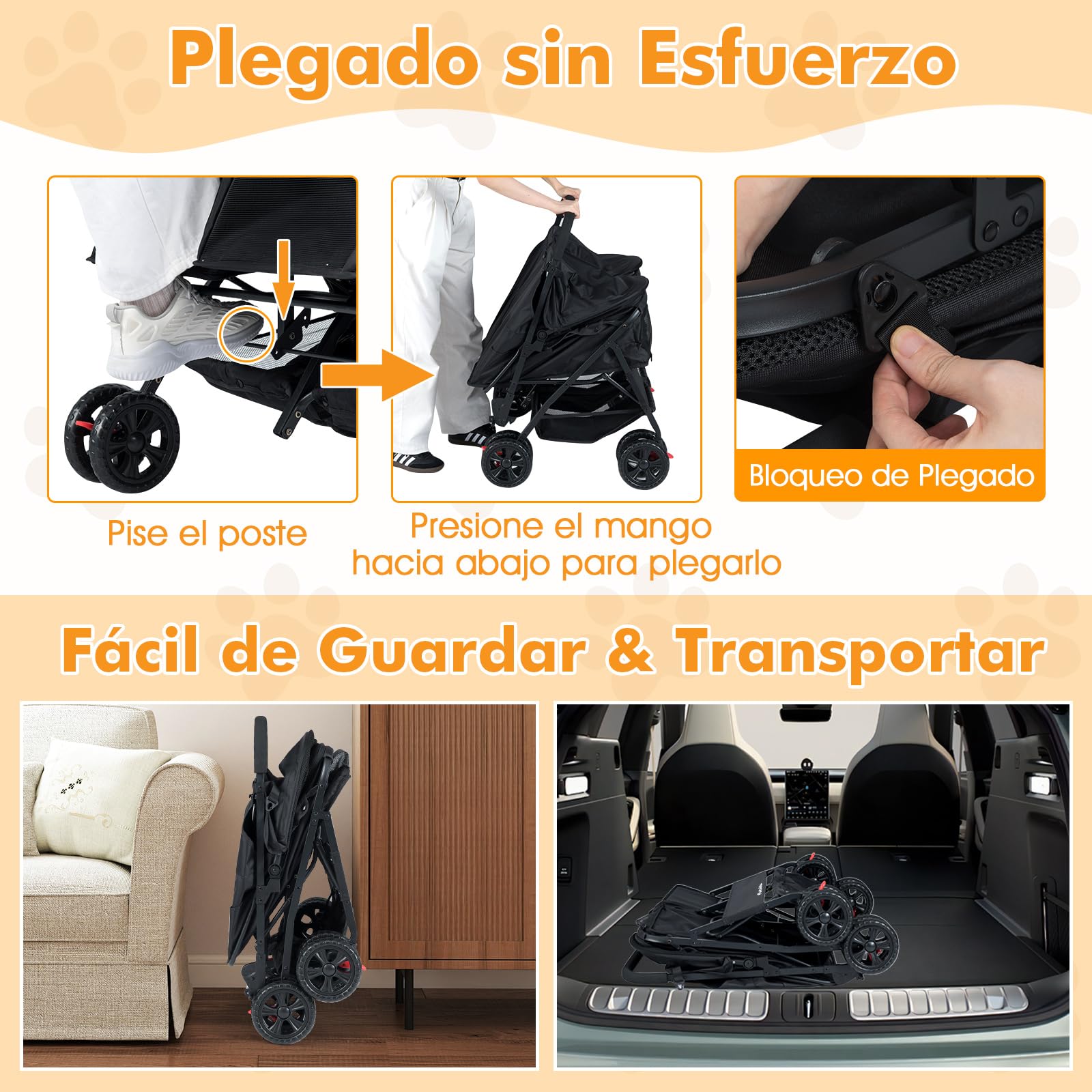 COSTWAY Carrito para Perros Doble, Cochecito Plegable para Perros con 2 Portabebés, Sombrilla Ajustable, Almohadilla Extraíble, Cinturón de Seguridad, Cesta, Carro Mascotas, Carga 12 kg uno (Negro)