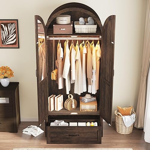 2 Doors Armoire Wardrobe Closet with Mirror and Lights, 71" Farmhouse Arched Wooden Wardrobe Cabinet with Drawers,Hanging Rod, Clothing Storage Closet Cabinet for Bedroom,Rustic Brown