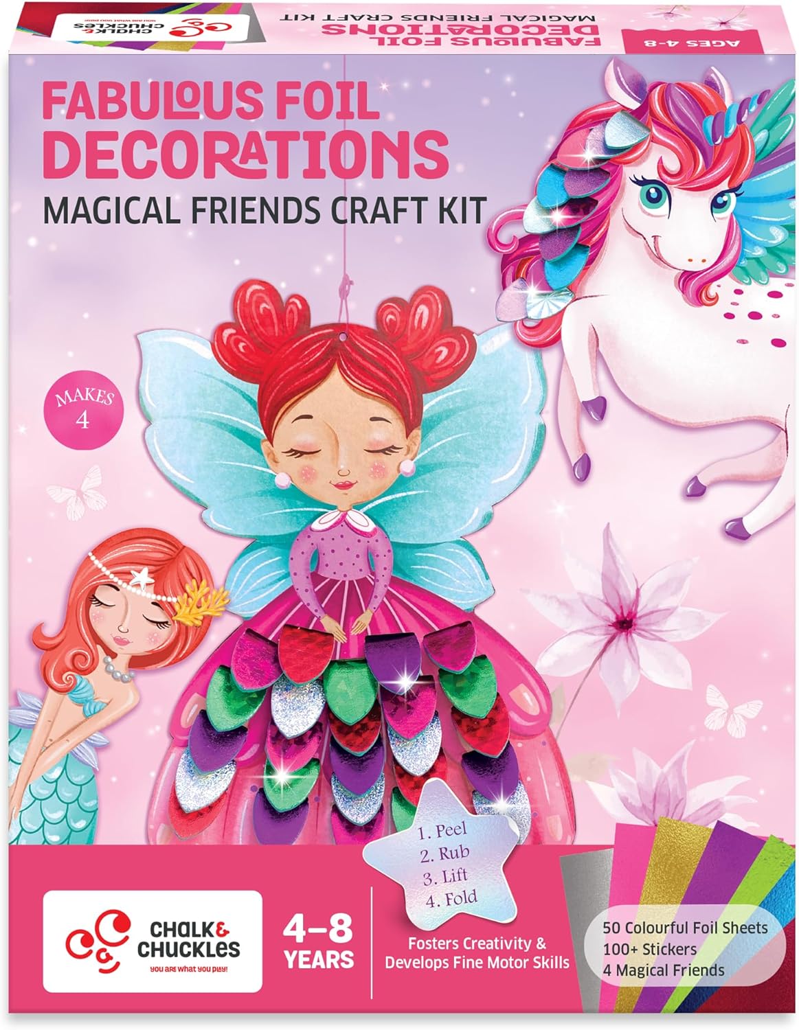 Chalk and Chuckles Foil Decorations Magical Friends – Create 3D Glittery Unicorn, Fairy, and Mermaid Crafts for Kids Ages 4+