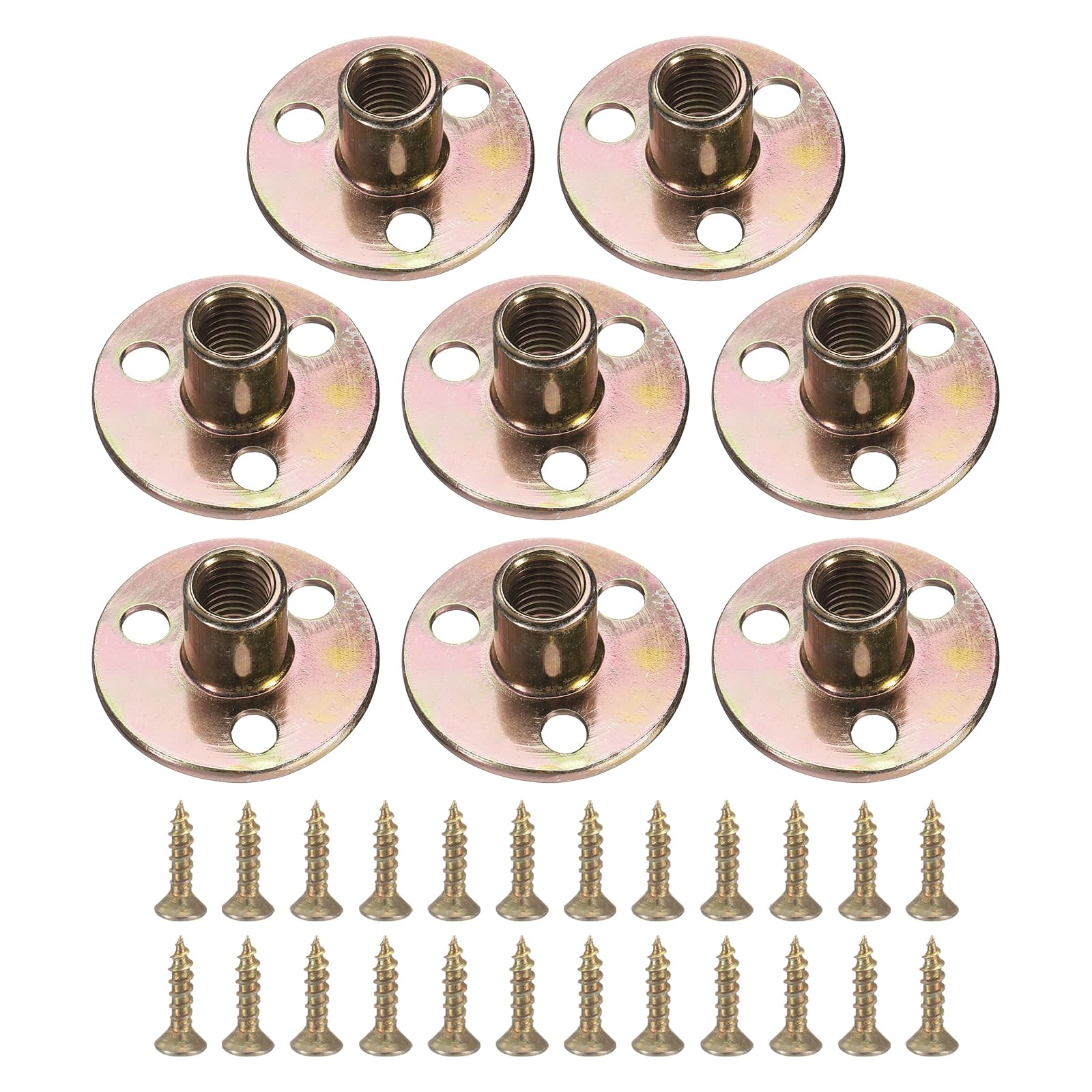 uxcell 8Pcs M10 T-Nuts, Zinc Plated Steel Brad Hole Tee Nut with Screws, 3-Hole Round Base Weld Nuts 17.3mm Height Through Hole Flange Insert Female Thread Plate Nuts, Multicolor
