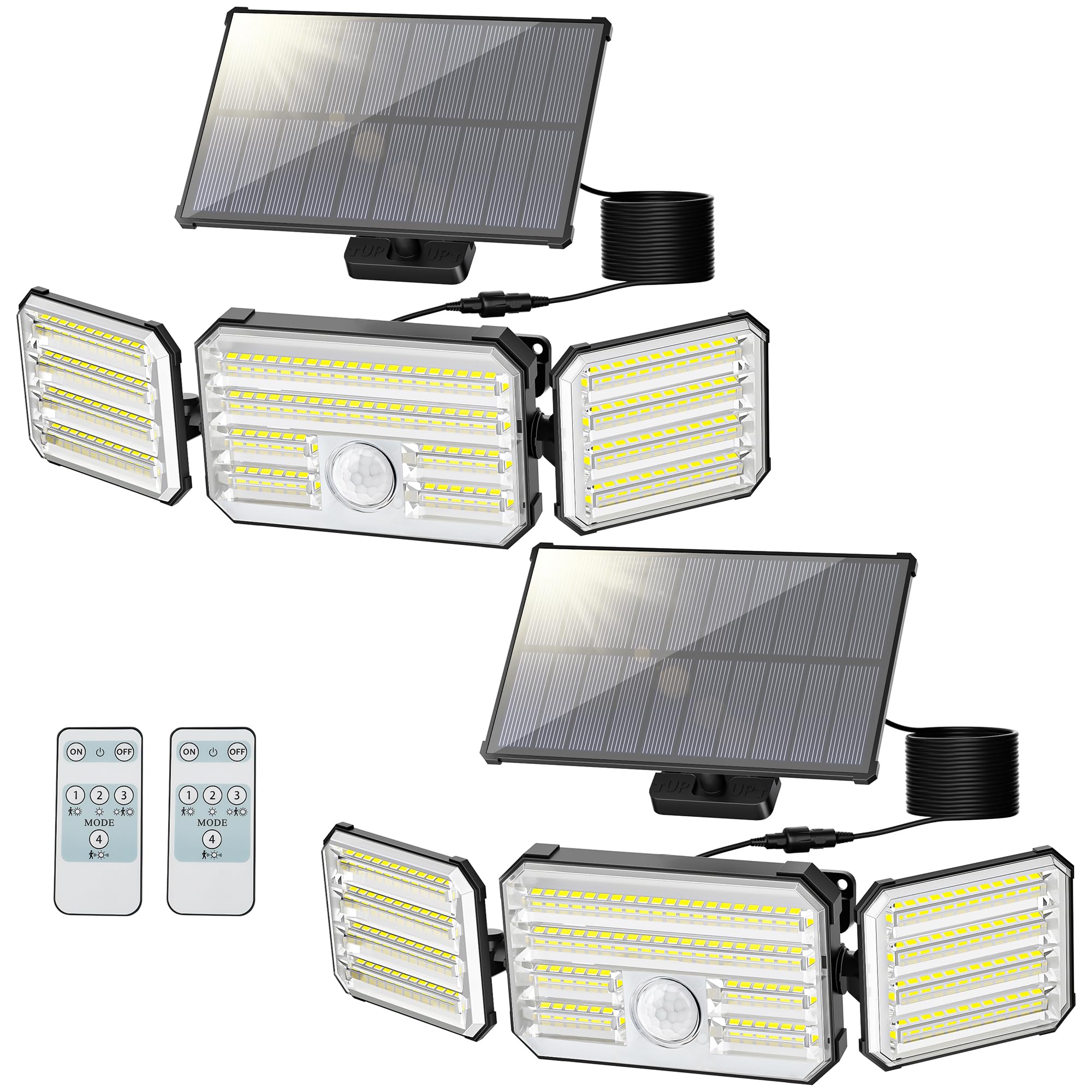 Faretto Led da Esterno Solare con Sensore di Movimento, Luce Solare Led Esterno con Funzione Allarme, 4 Modes IP67 Impermeabile Lampada Solare da Esterno con Telecomando e Pannello Solare per Giardino