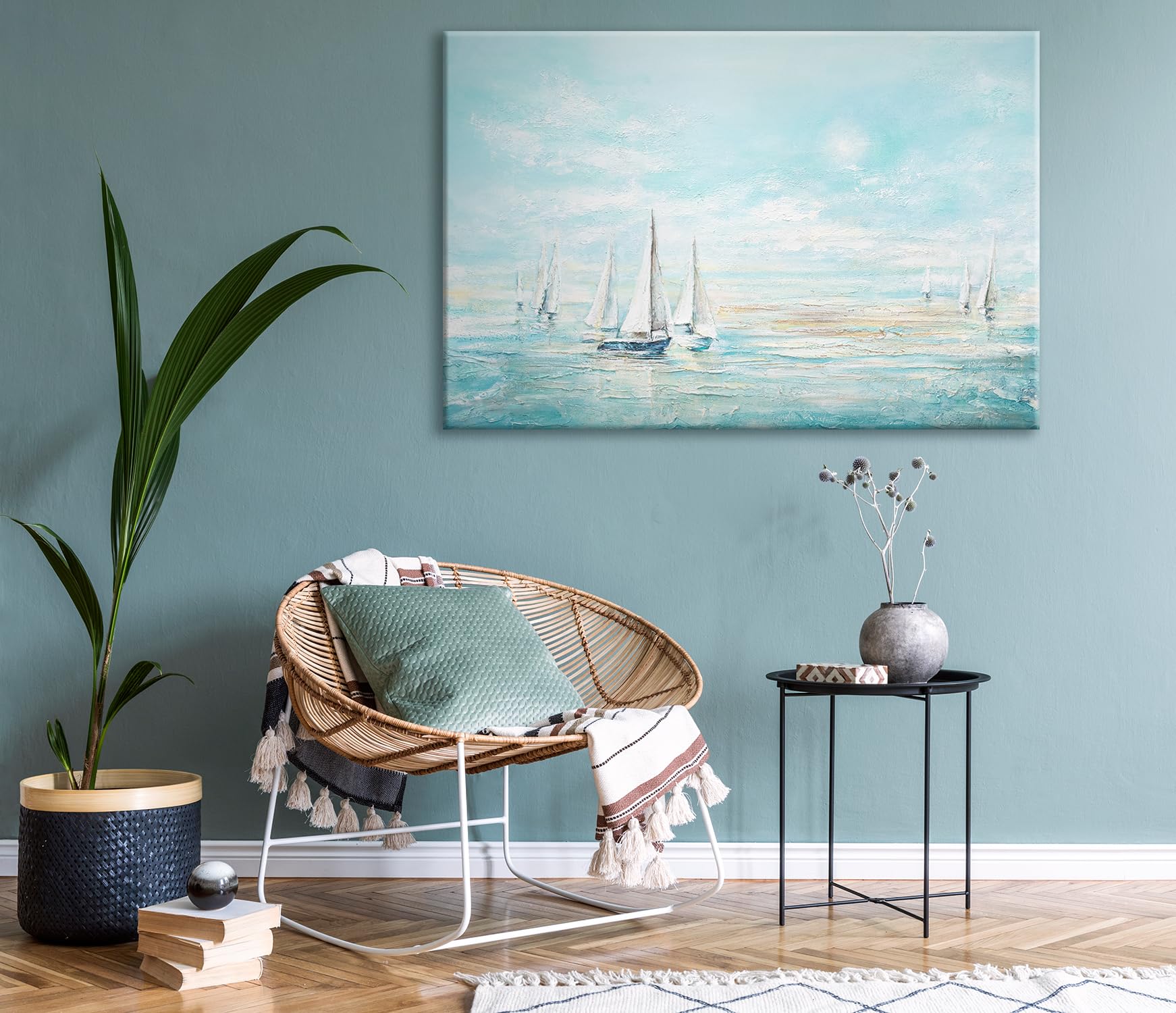 YS-Art Pintura hecha a mano en acrílico Azul marino Paisaje marino en turquesa con veleros blancos Motivo veraniego Arte moderno 120x80 cm