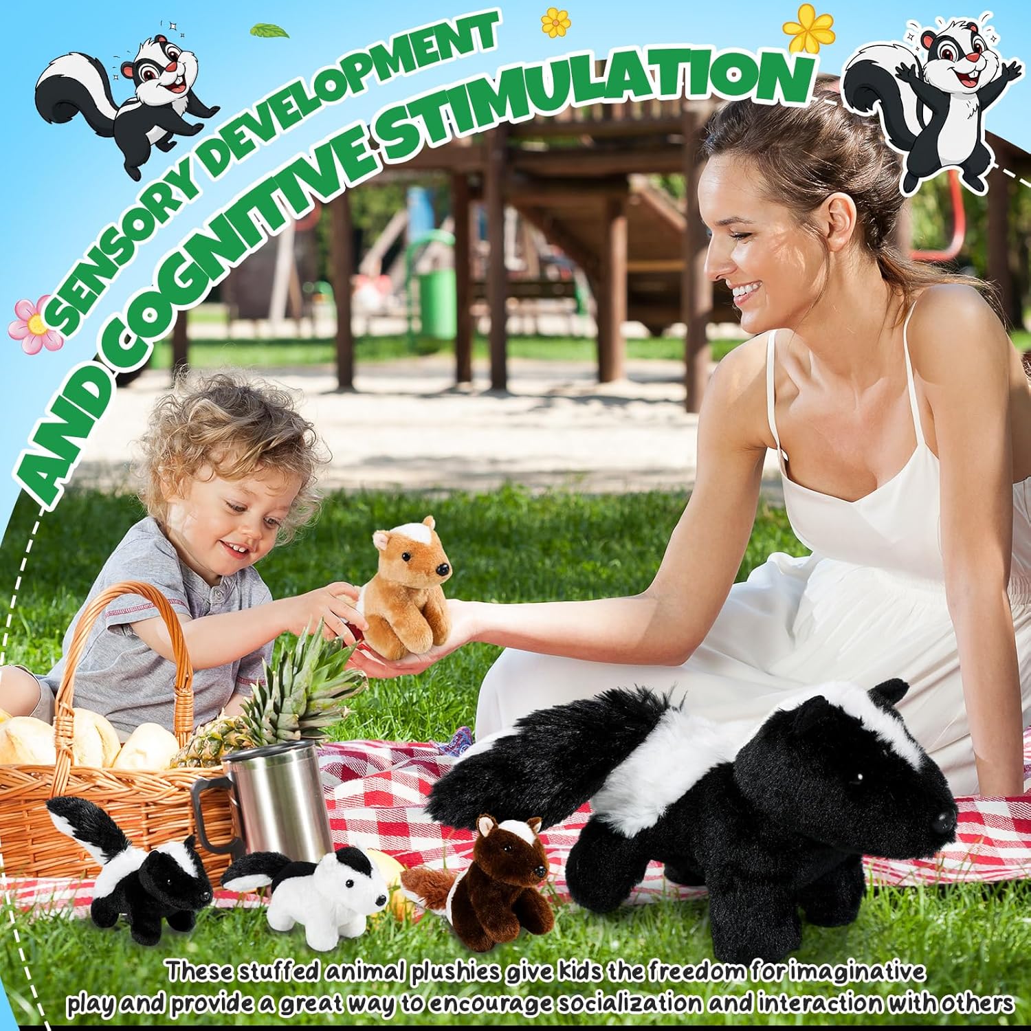 Soulchen 5 Pcs Skunk Plush Toy Set 14 Inch Mommy Skunk Stuffed Animal with 4 Baby Stuffed in Zippered Tummy Nurturing Plushies for Girls Boys Birthday Party Decors Sleeping Companion - Image 5