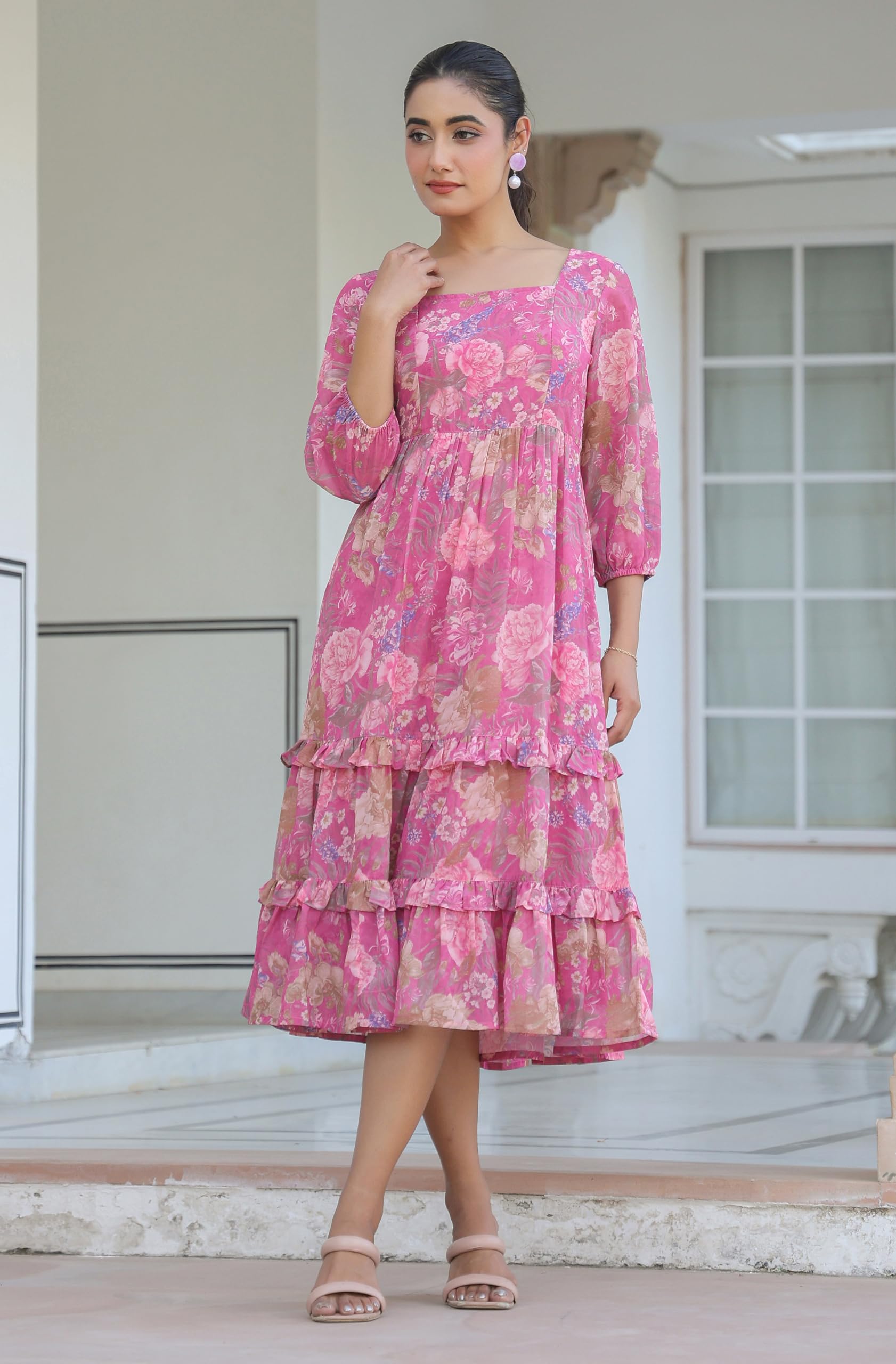 Janasya Robe à volants en georgette à motif floral lavande Dobby pour femme
