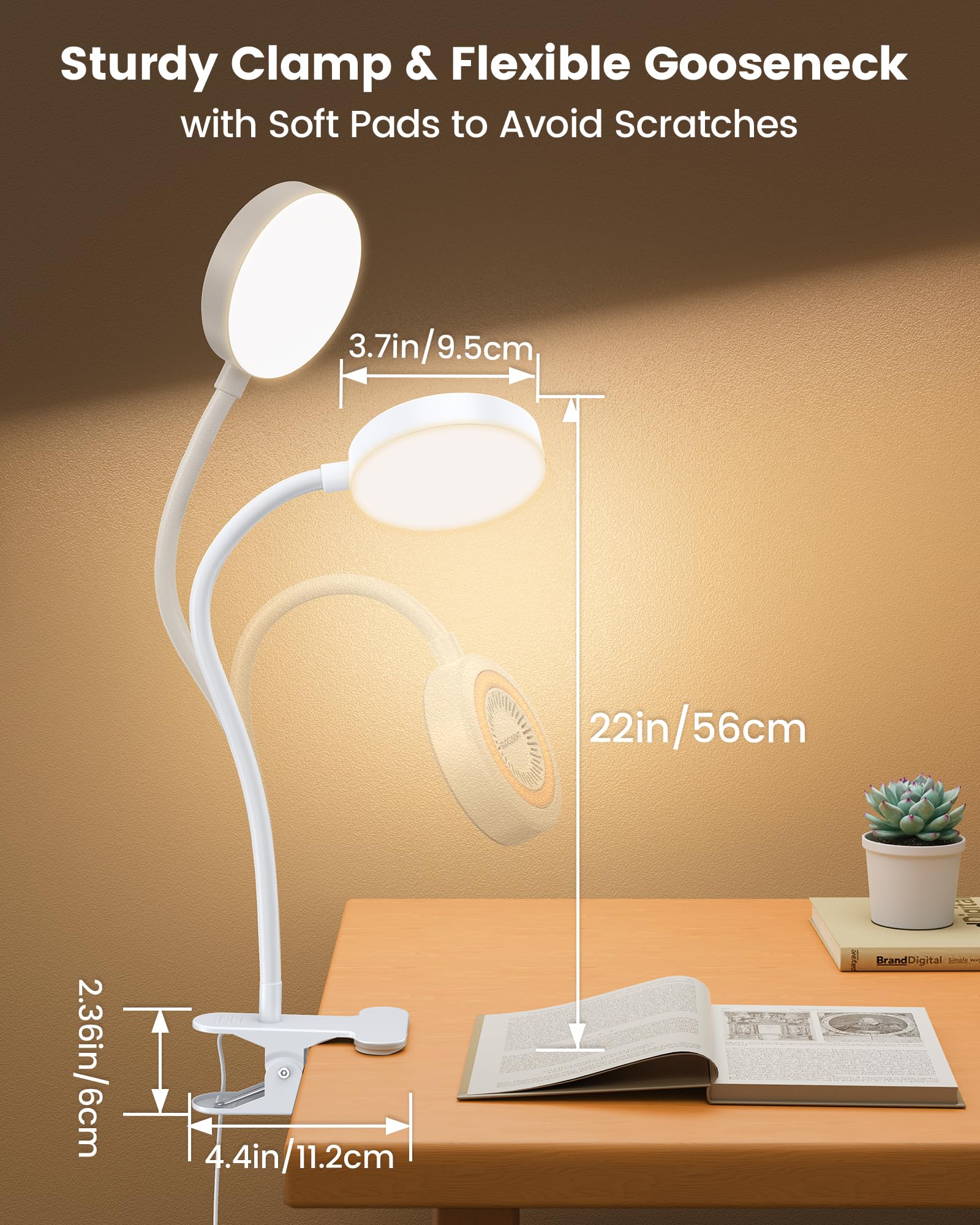 Glocusent Lampe De Bureau à Pince 72 LED - Lampe Lecture 360° Flexible Avec 3 Luminosités & 5 Couleurs - Protection Yeux - Blanc Avec Adaptateur