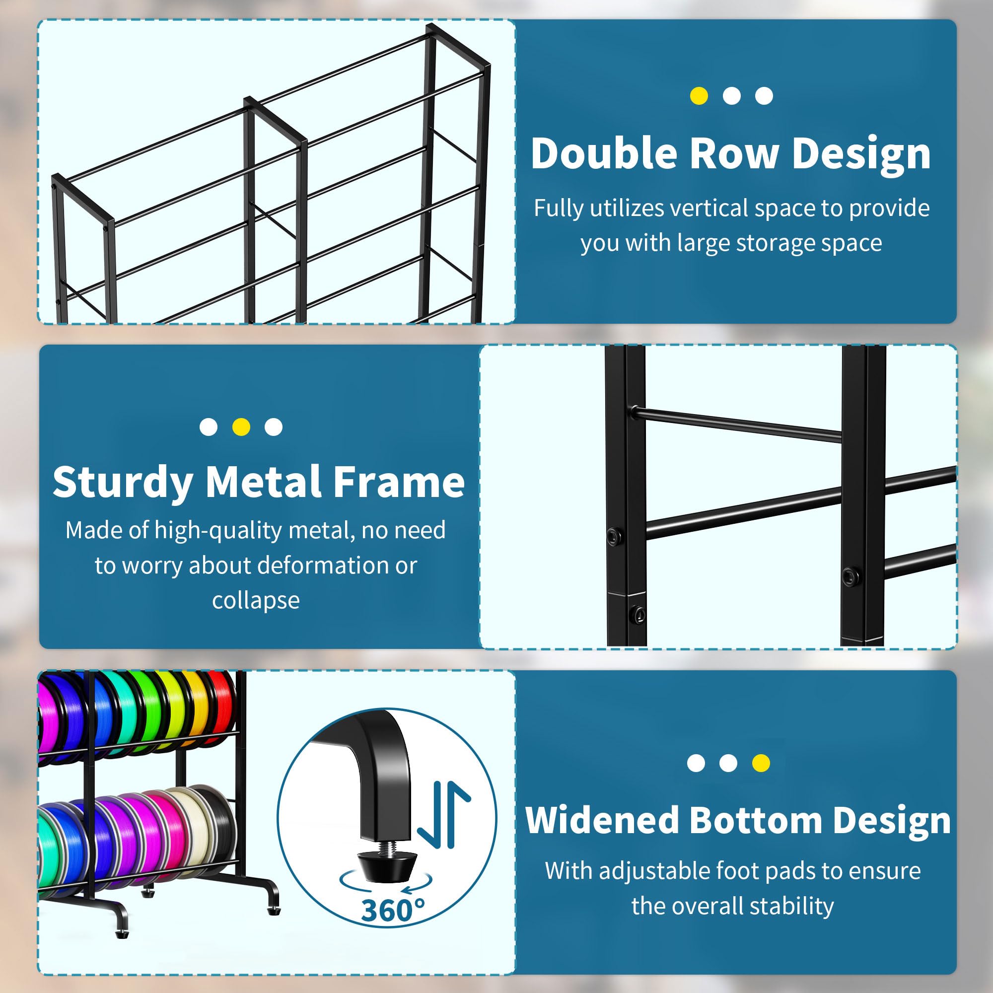 4-stöckiges 3D-Drucker-Filament-Aufbewahrungsregal, robustes Metall-Filamentregal mit Rädern und verstellbaren Fußpolstern und Spulenorganisierter Halter für 3D-Druckerzubehör, hält bis zu 50