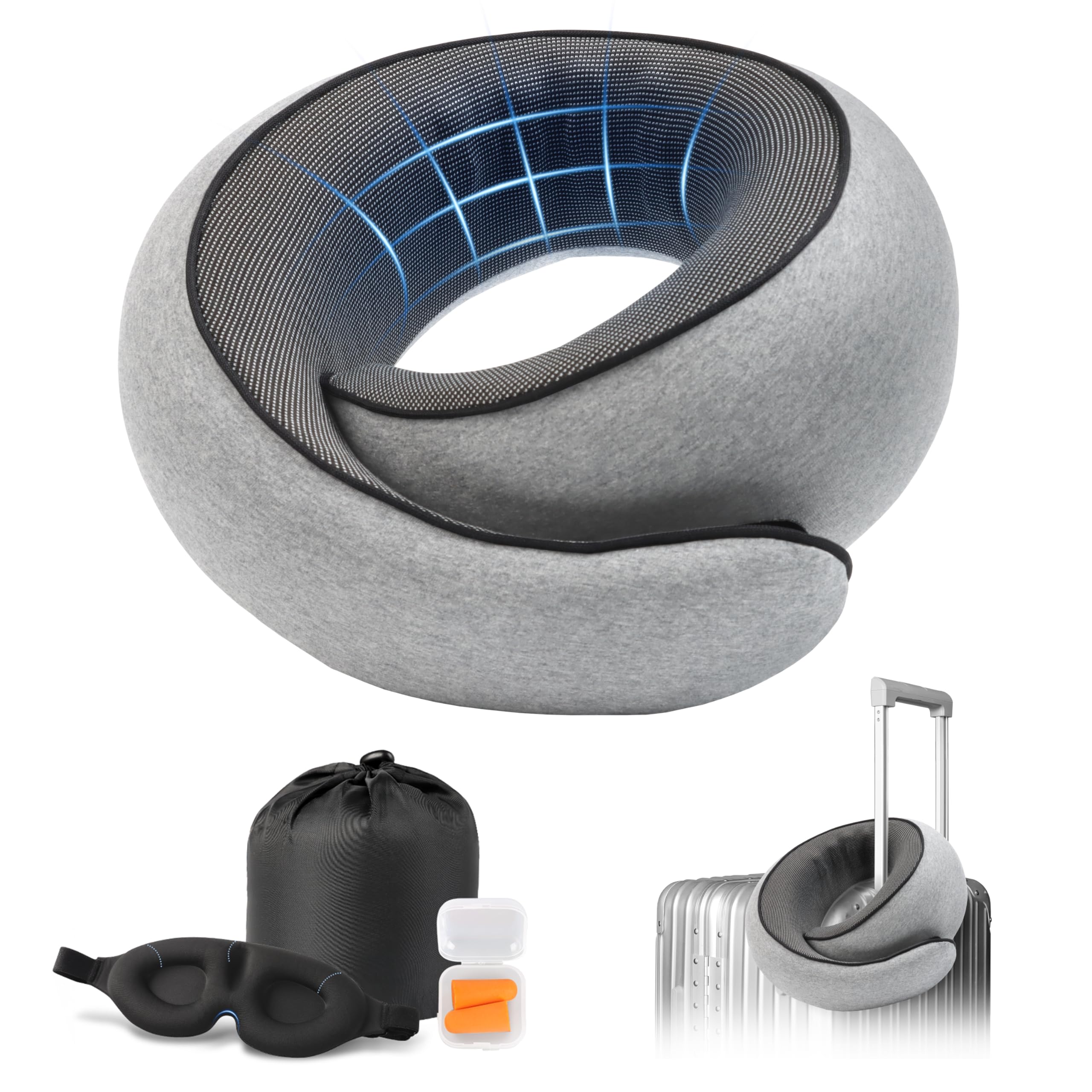 Advanced Memory Foam Neck Travel Pillow, Neck Pillow Airplane with Eye Mask & Ear Plugs, Designed for The Comfort of Travel & Office, Travel Pillow for Plane, Car, Home, Work? Grey