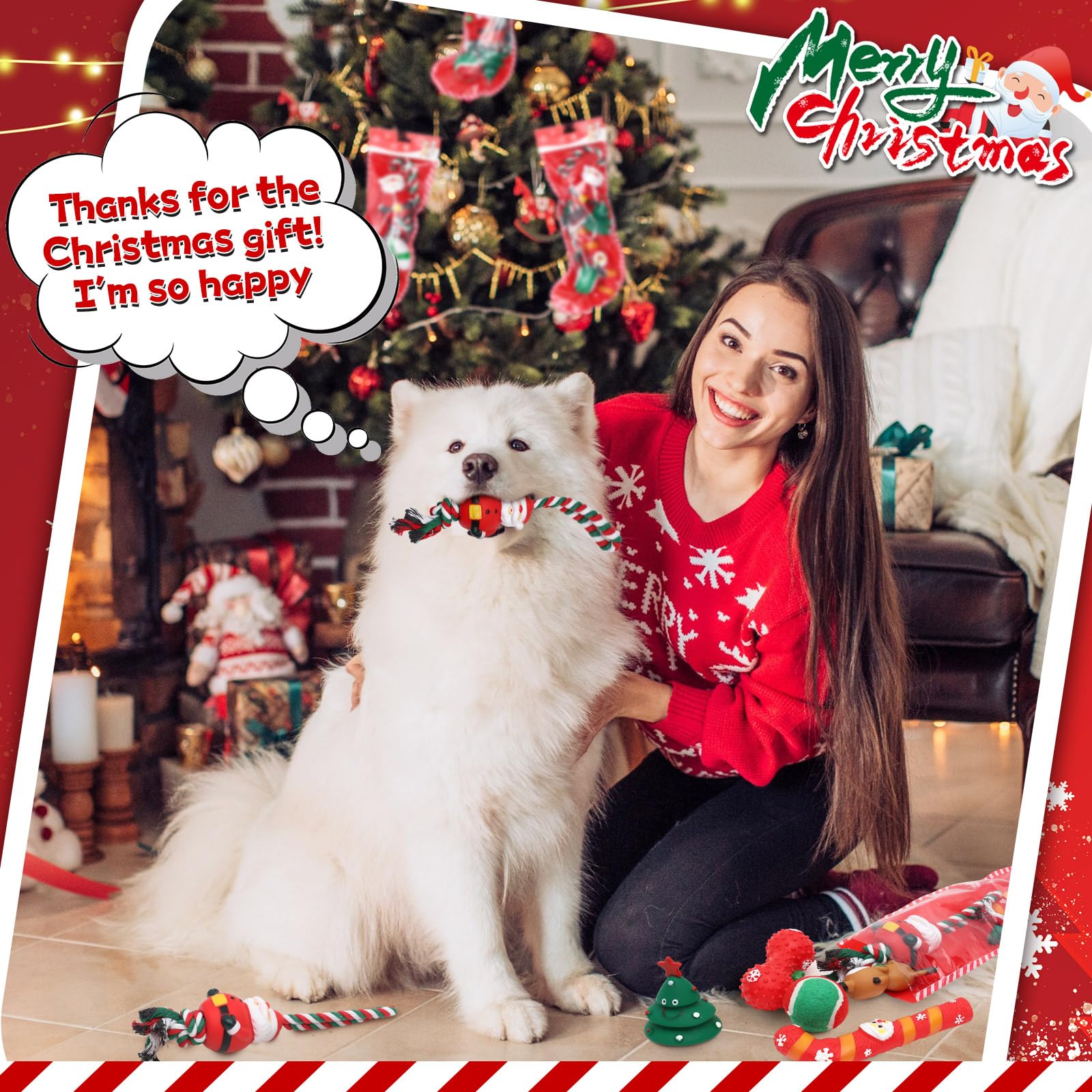 Shappy 10 Set Christmas Dog Stocking Toys Interactive Dog Toys with Santa, Ball, Tree, Squeaky Toys, Tough Rope Chew Toys, Stocking Xmas Dog Toys Set for Puppy Stocking Gifts