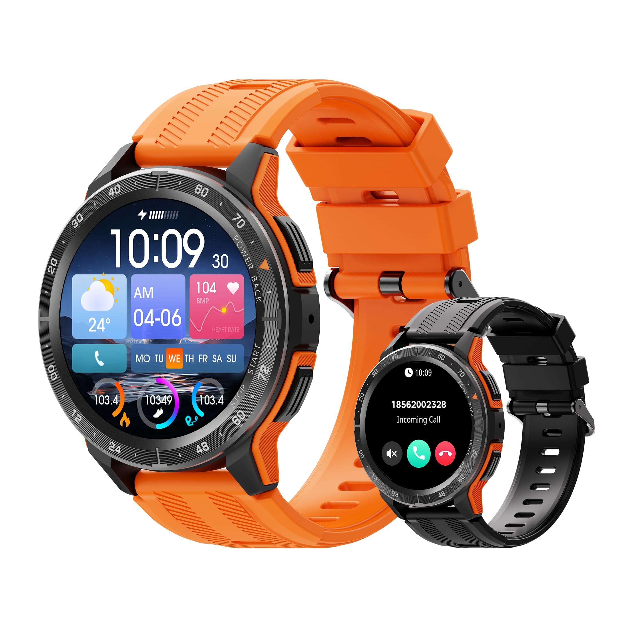 VIRAN Smart Watches for Men, 1.43'' AMOLED Military Smart Watches for Women, IP68 Waterproof Fitness Watch for Android and iOS, Smartwatch with Heart Rate BP Sleep Monitor and Step Counter (Orange)