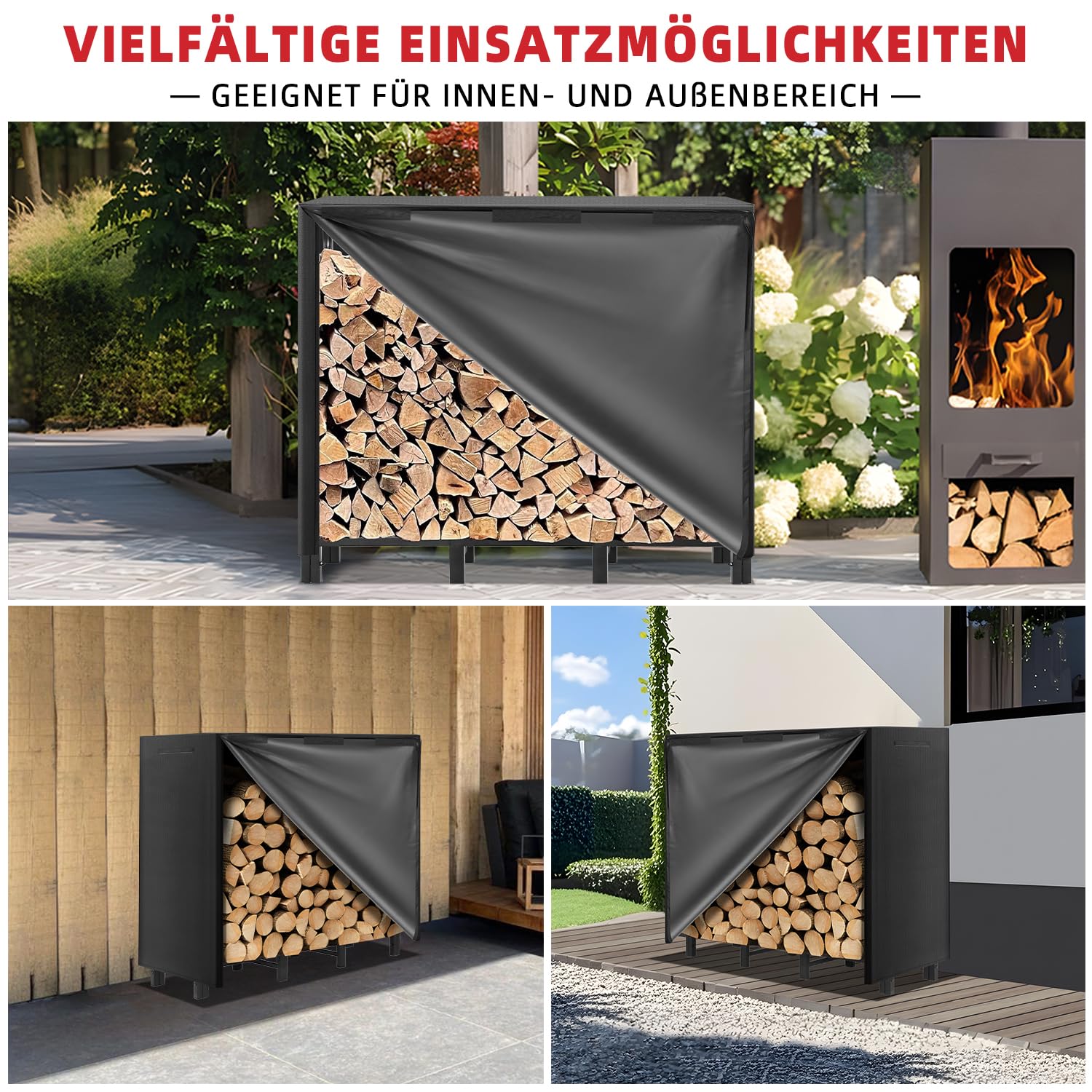 Kendane 4FT Kaminholzregal Aussen Metall Feuerholz Aufbewahrung – Holzlager Außen Wetterfest Brennholzregal Outdoor Außen Garten, Holzregal & Holzunterstand Draußen (122x39.5x100cm,Schwarz)