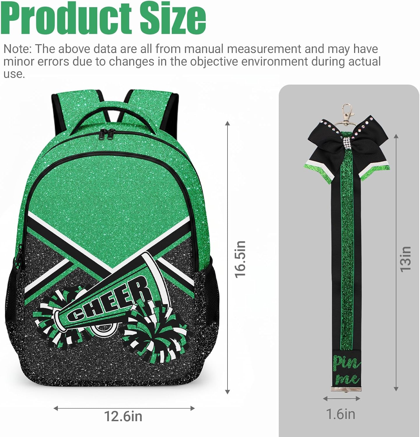 Cheer Backpack with Ribbon Keychain, Glitter Cheerleading Backpack for Women, Cheerleader Gifts (Green) - Image 2