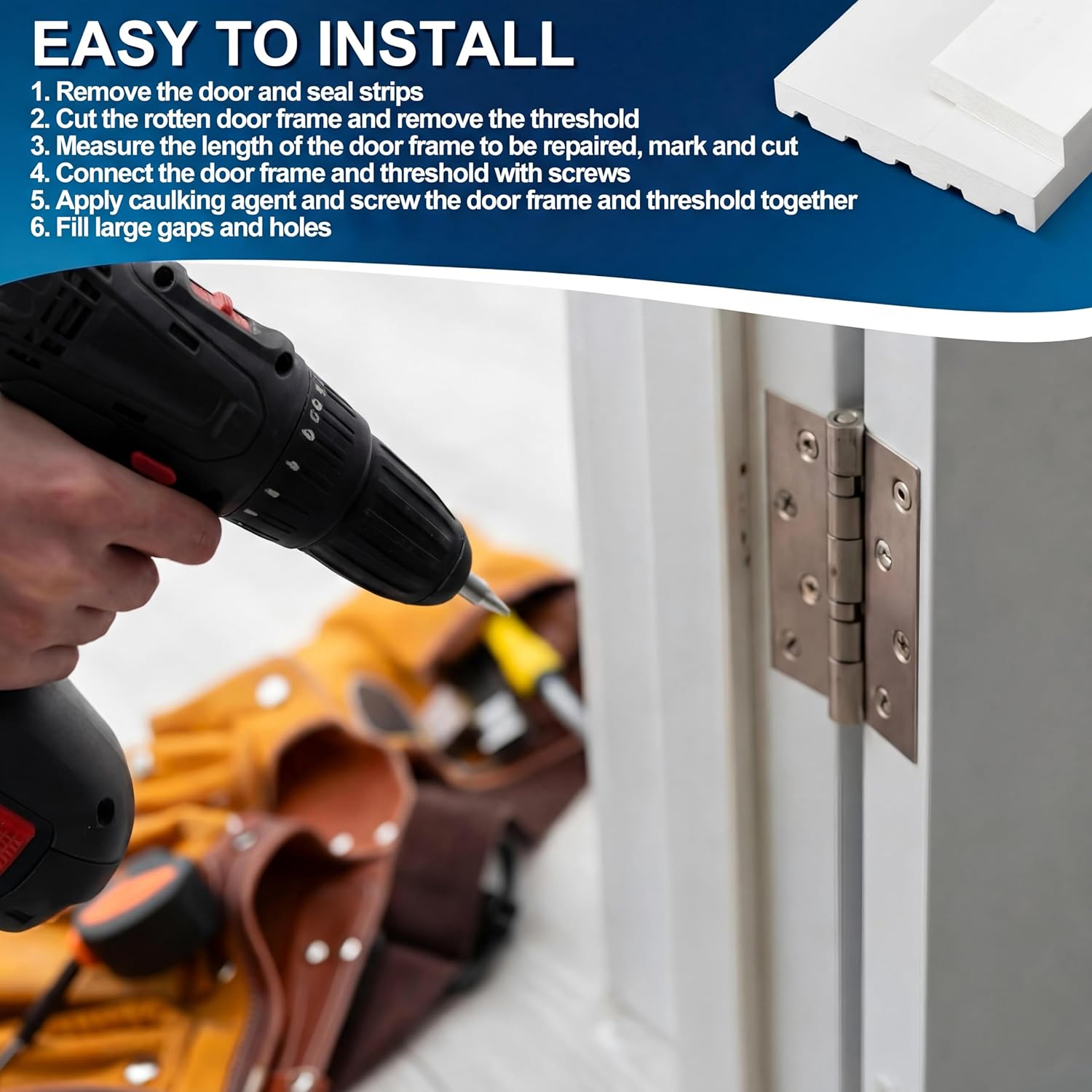 Pine Wood Door Frame Rot Repair Kit, 4-9/16" W X 12" L All-in-One Exterior Door Jamb Reinforcement Kit for Inward-Opening Doors & Window Sills, Durable Wetproof Paint, DIY Friendly