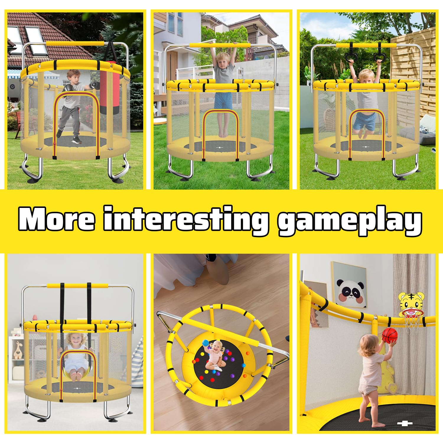 MaxBinTon Trampoline pour Enfants 140 cm intérieur/extérieur – Charge maximale 50 kg avec Filet de sécurité, Barre de Gymnastique réglable et Panier de Basket, Cadeau pour garçons et Filles - 4