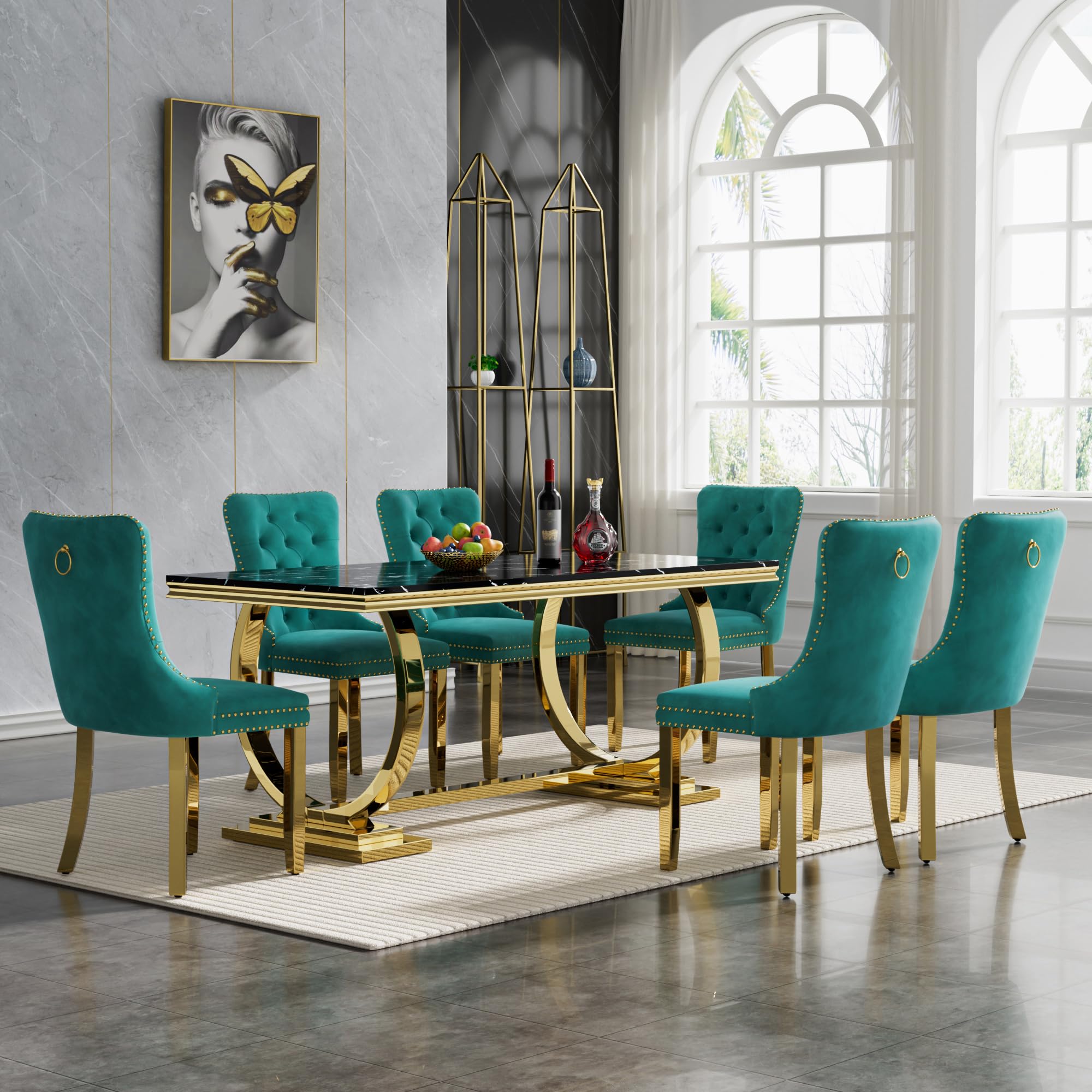 7 Piece Marble Dining Table Set for 6, Luxury 68"" Black Marble Gold Kitchen Table with 6 Green Velvet Upholstered Chairs, Modern 6 Person Dining Room Table Set for Kicken Dining Office Room