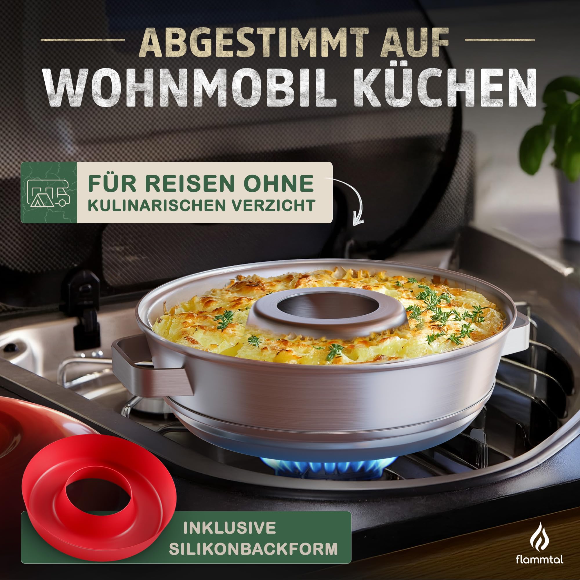 flammtal Camping Backofen Stove - Backofen Set inkl. Silikonform, Aufbackgitter, Tragetasche & Rezeptbuch - Backofen Camping mit regulierbarer Hitze - Campingbackofen für Gaskocher & Gasherd