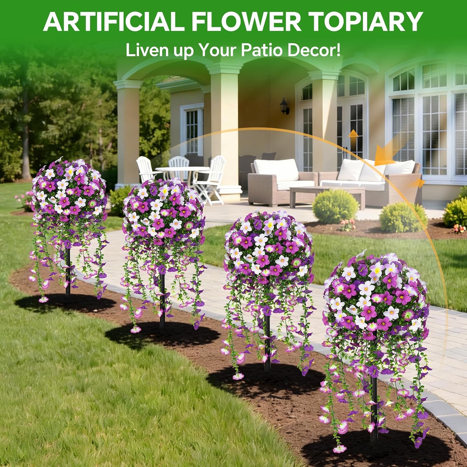 Artificial Purple Morning Glory Flowers Topiary, 1Pack Lifelike UV Resistant Faux shrubs Bushes with Ground Spike, Artificial Outdoor Plants for Front Porch Garden