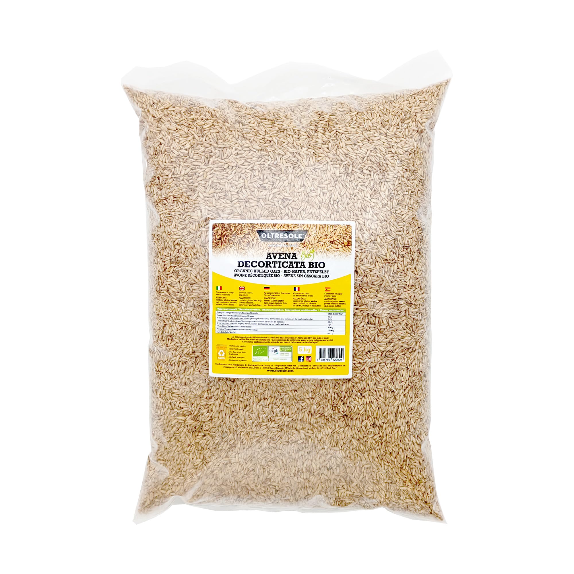 Oltresole, Avena Decorticada 5 kg, Cereal Ecológico, Rico en Fibras y Proteínas, Ideal para una Dieta Sana y Equilibrada, Formato Conveniente