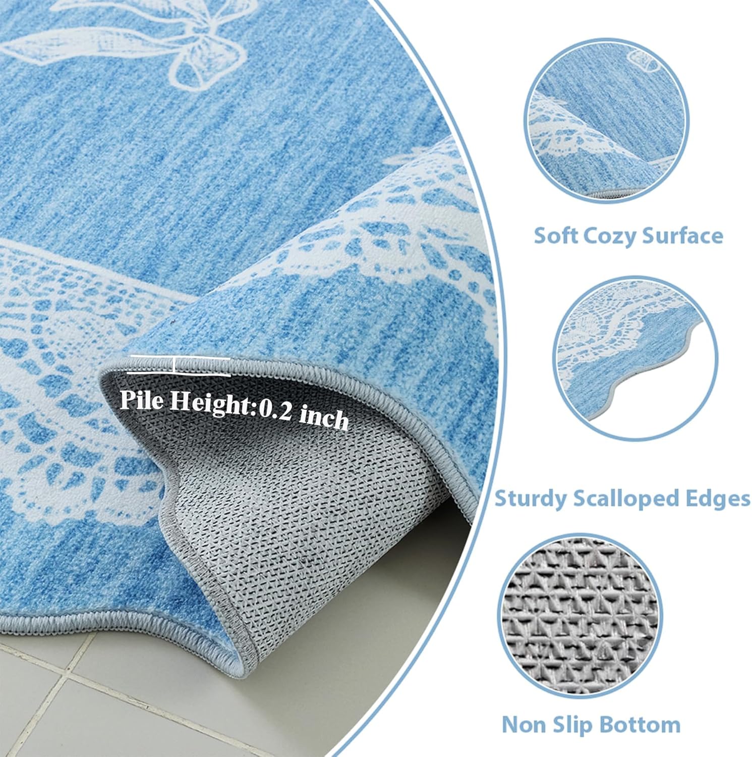ORTIGIA Washable Scalloped Entry Rug 2x3, Non-Slip Low Pile Blue Bathroom Mat, Lace Bow Cherry Door Mat for Entryway Dorm Nursery Hallway Indoor