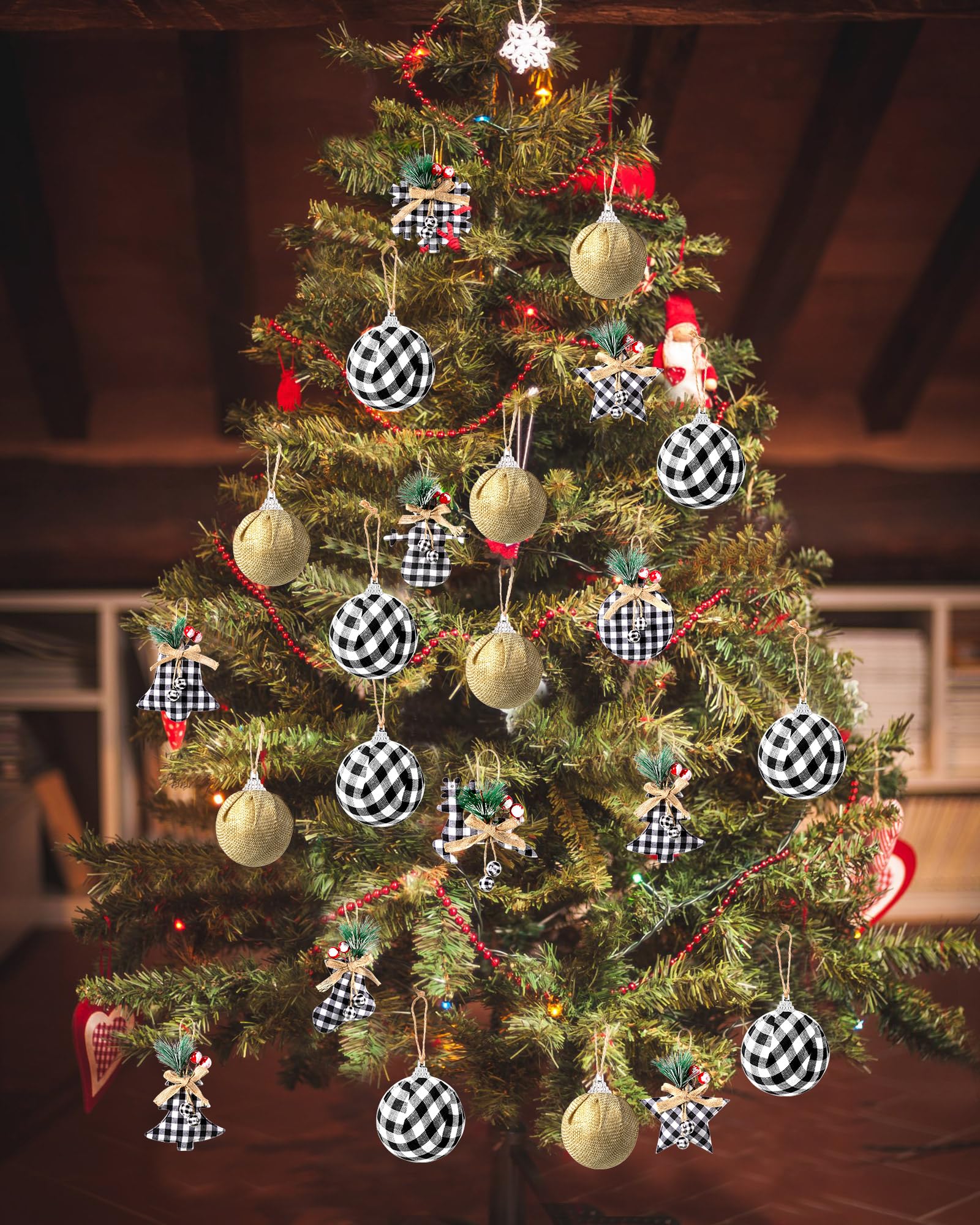 Sratte Lot de 20 décorations de sapin de Noël rustiques à suspendre en toile de jute de 7,9 à 15,2 cm, boules à carreaux rouge/blanc et noir pour décoration de Noël rustique (blanc, noir)