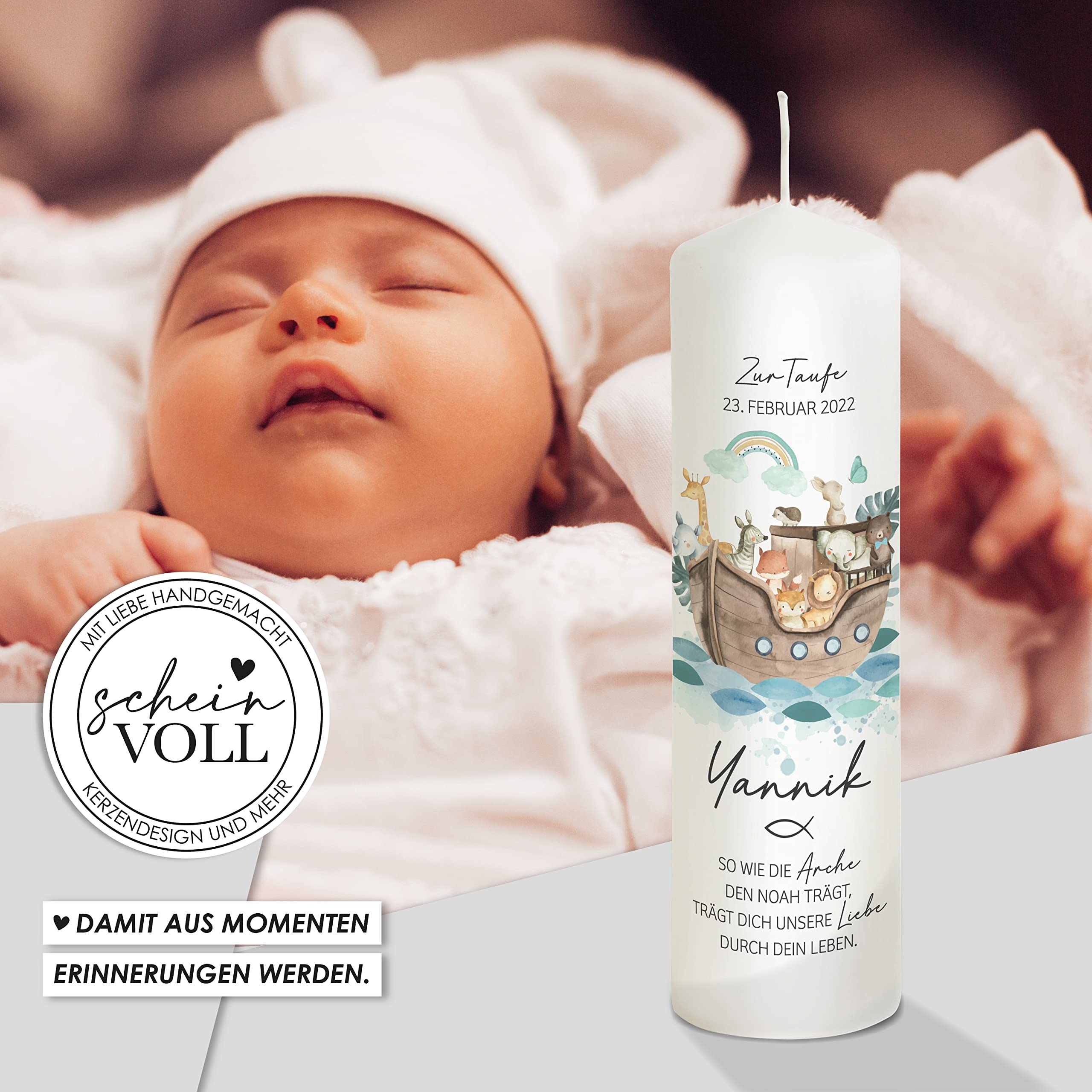 Scheinvoll® Taufkerze Arche Noah Yannik für Jungen mit Regenbogen personalisiert zur Taufe 25 x 8 cm auch mit Patenkerzen HANDMADE IN GERMANY