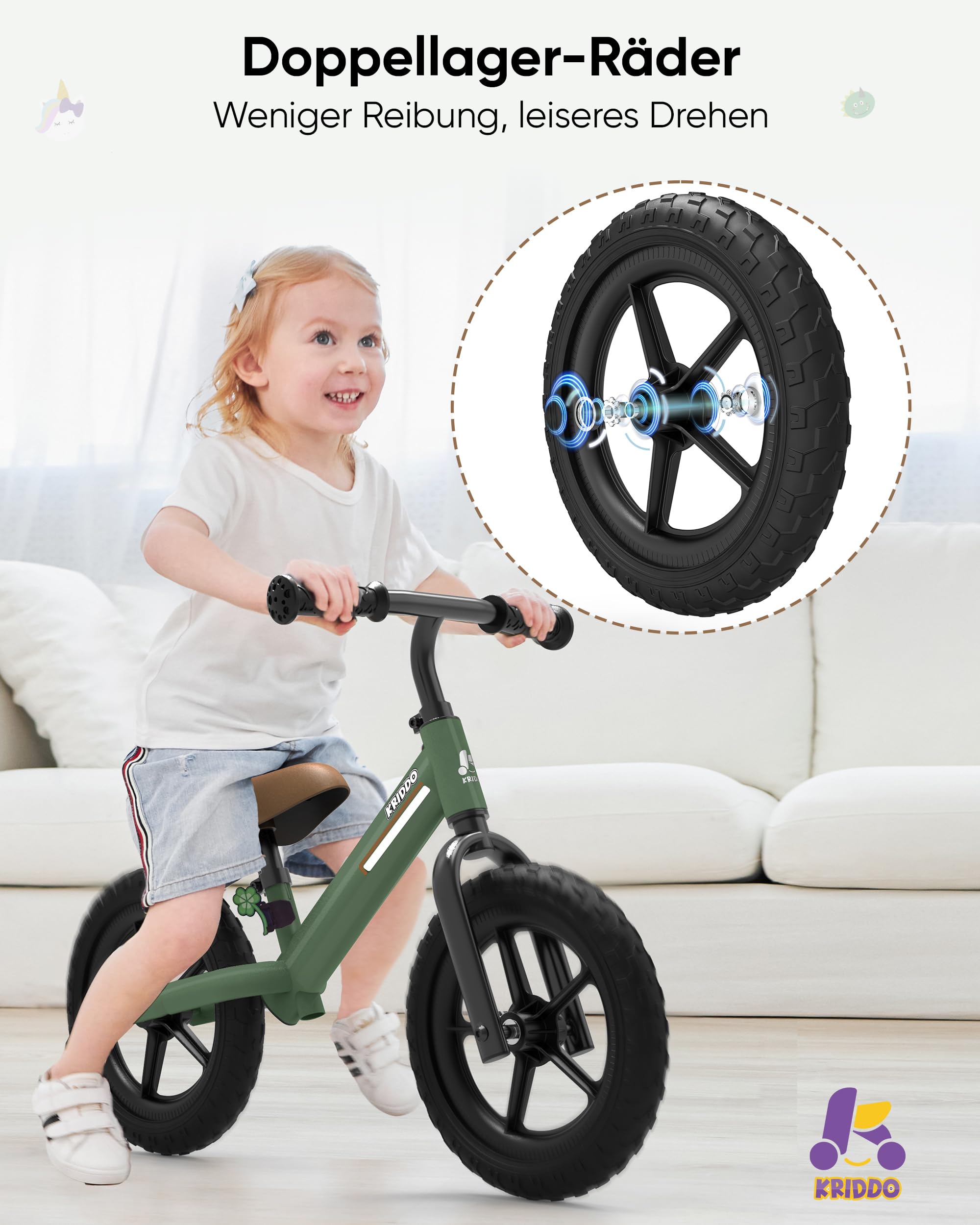 KRIDDO Laufrad ab 2 Jahren, Balancefahrrad für Kinder von 2-5 Jahren, Dual-Lager für sanftes Fahren, Verstellbarer Sitz und Lenker, Geschenk für Jungen und Mädchen