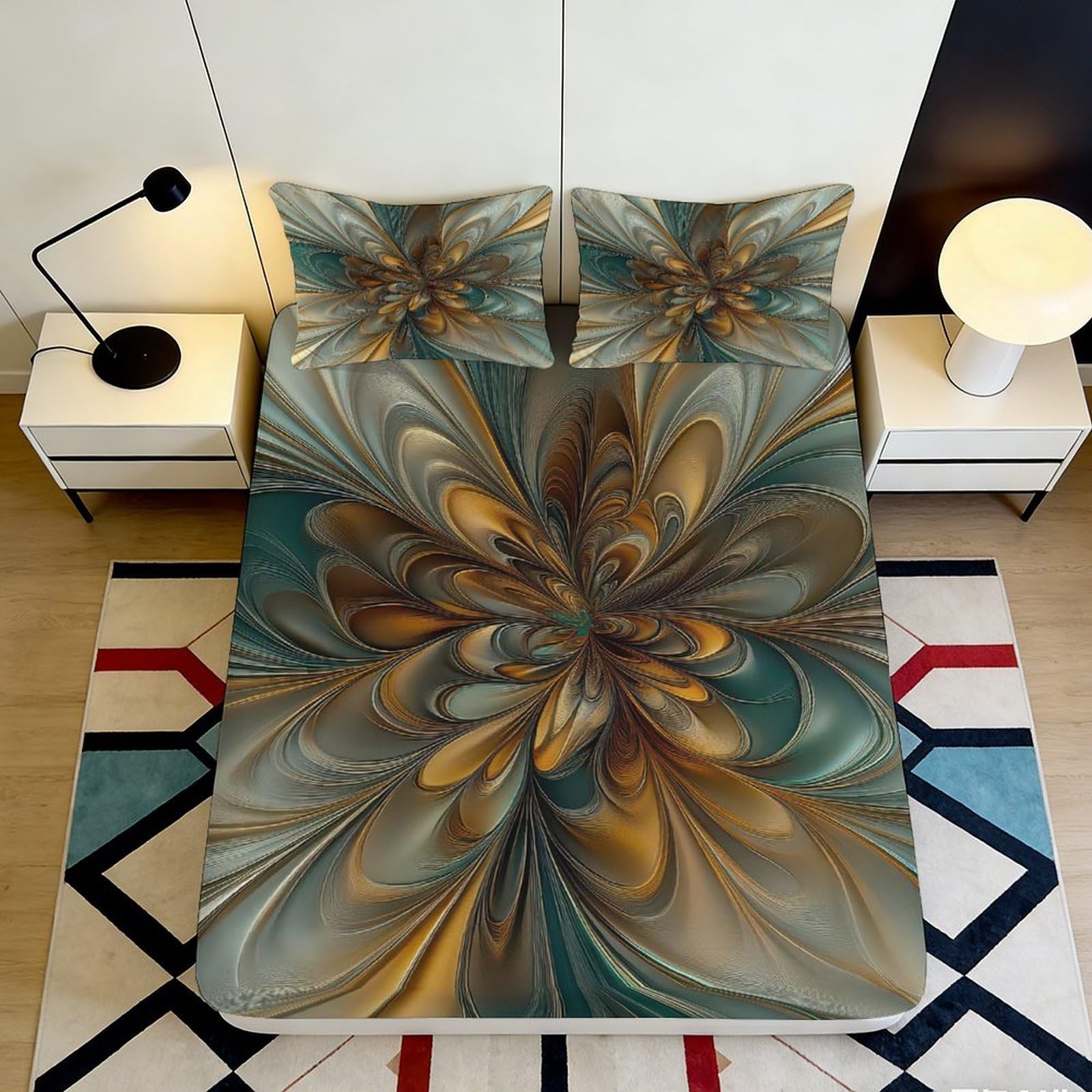 Qjzxknhpgr Style-7 3D Printed Abstract Floral Fitted Sheet Microfiber Soft Brown Blue Artistic Mattress Cover For Bedroom Guest Room Decor 90X200x25cm