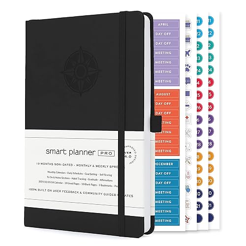 Smart Planner Pro – Undated Daily Planner – Small A5 – Achieve Goals &amp; Increase Productivity – Weekly, Monthly, Work Sections, Organizer Diary with Back Pocket, 3 Satin Bookmarks &amp; Pen Holder